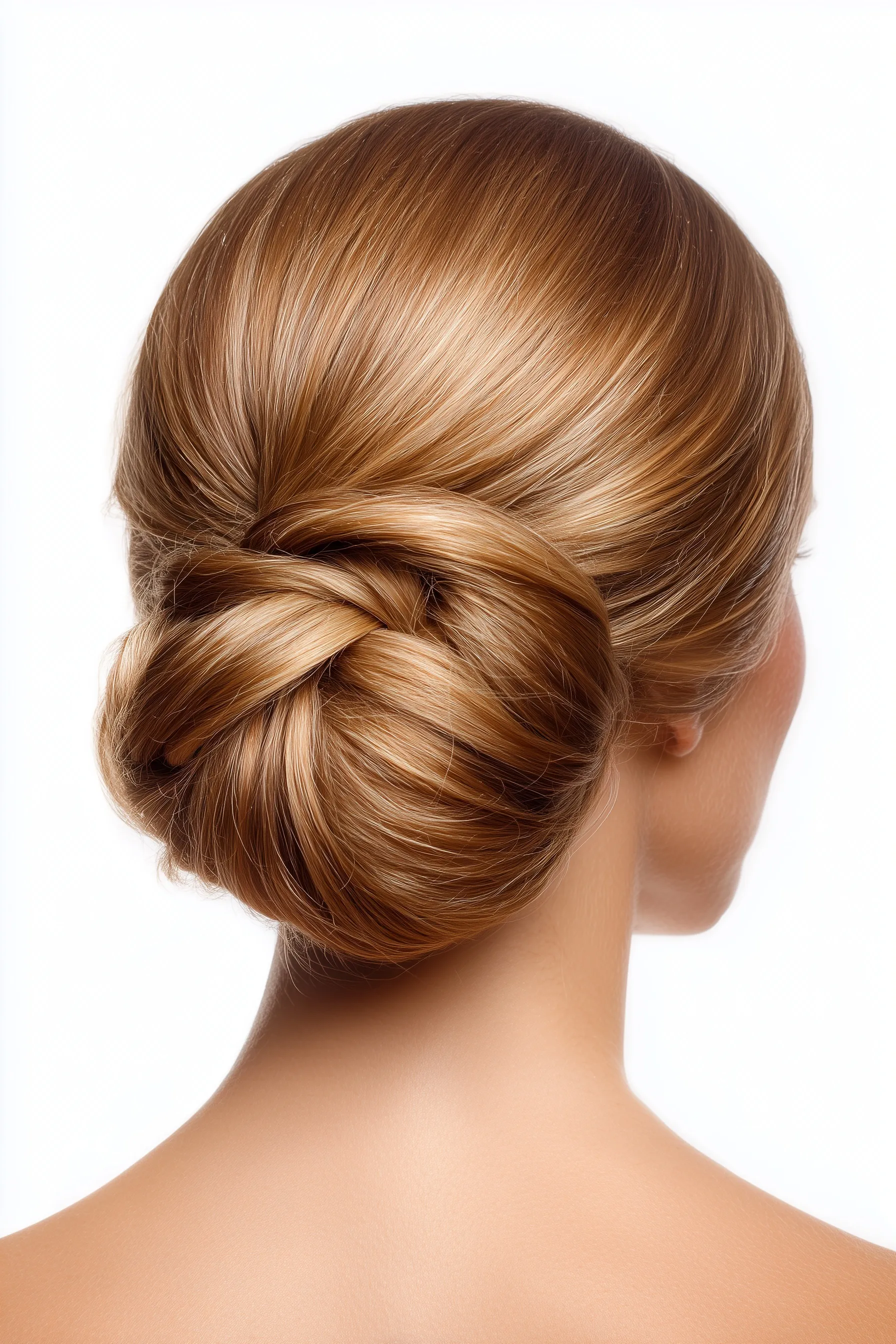 Rear view of an elegant low twisted blonde bun hairstyle on a woman, isolated on a white background.