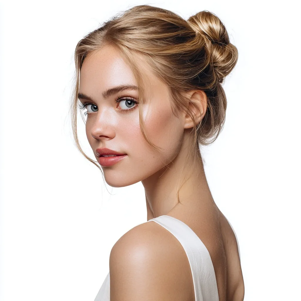 A beautiful young woman with a smooth golden bun hairstyle wearing a white dress against a clean white background.
