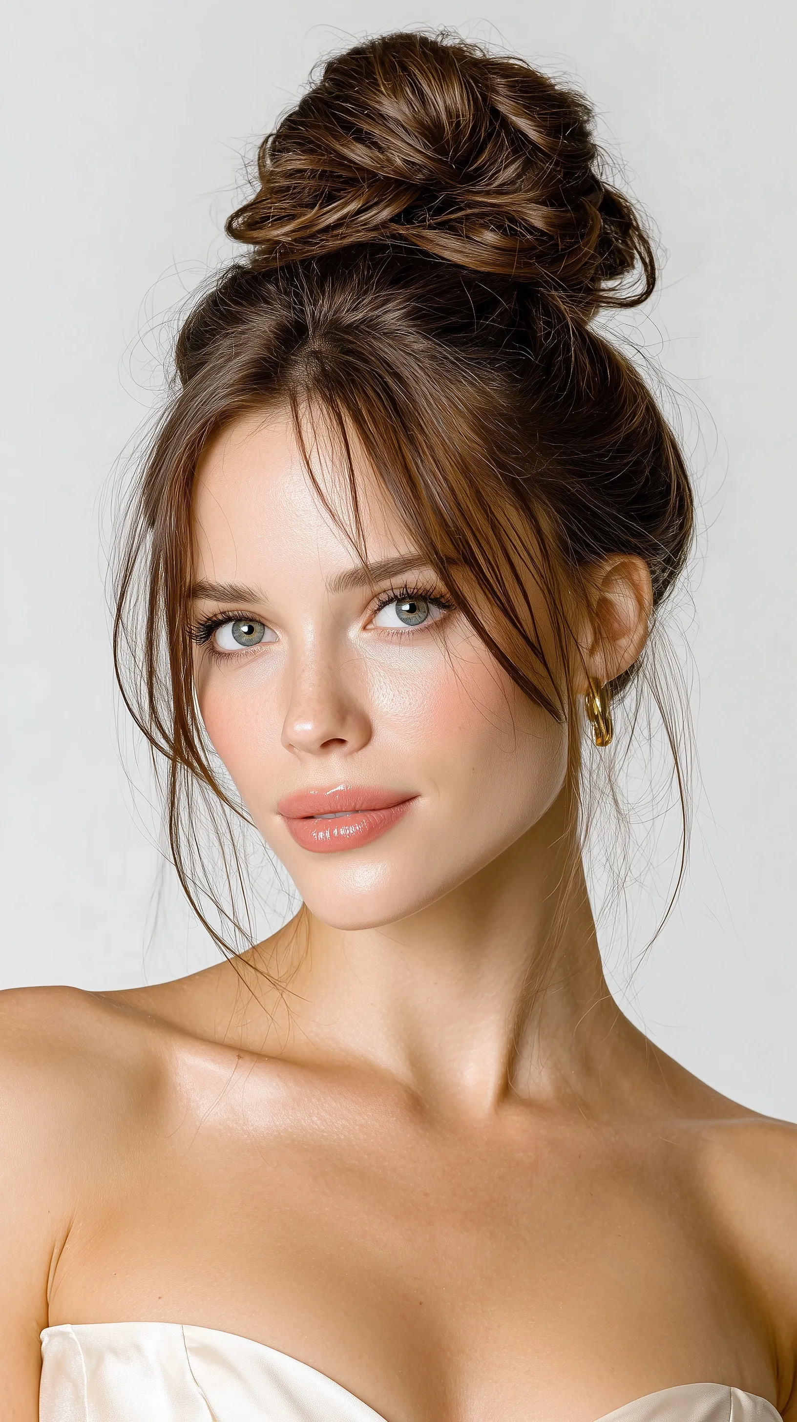 Elegant woman with a sleek low bun hairstyle for a wedding guest, captured in a high-end luxury fashion portrait.