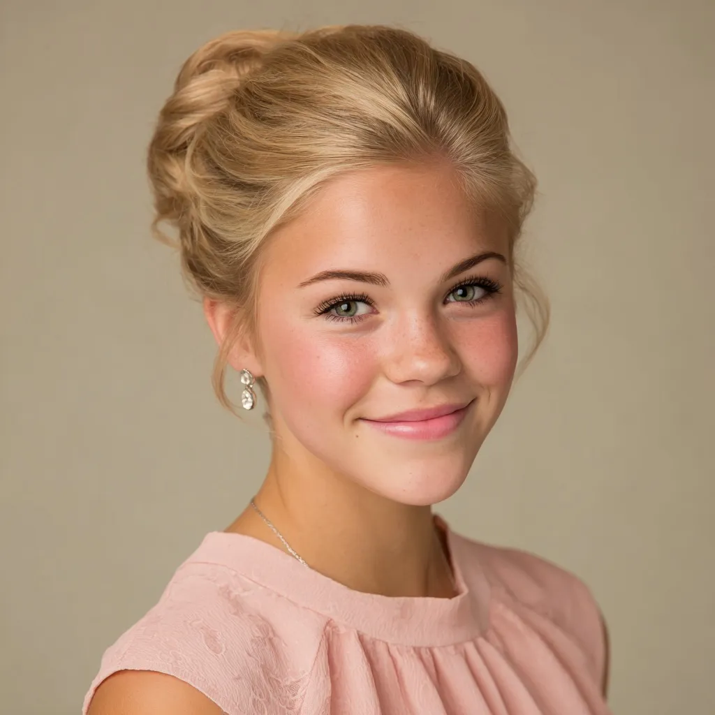 Blonde college-aged woman with a stylish updo hairstyle wearing a pastel pink outfit against a clean studio backdrop.