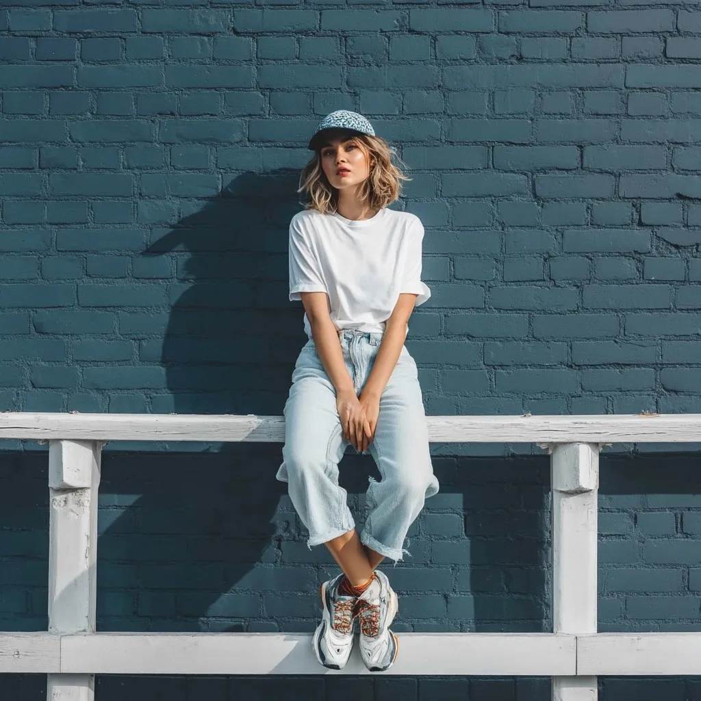 Stylish young woman in white cropped t-shirt, blue flared jeans, and sneakers leaning against a textured blue wall.