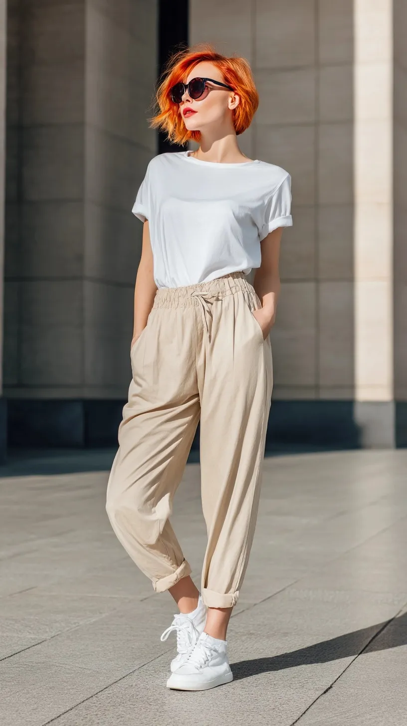 Fashionable woman wearing clean white sneakers, white t-shirt, and beige pants on an urban sidewalk.