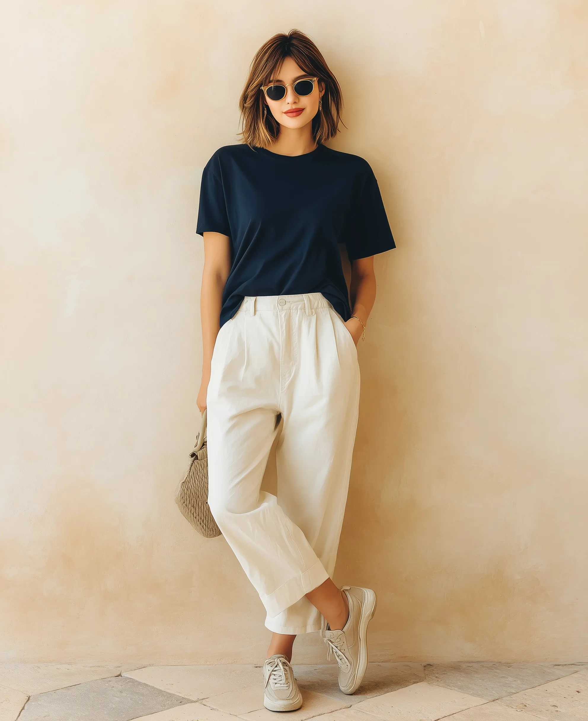 Asian woman in a navy oversized t-shirt, white wide-leg pants, and sneakers posing against a minimalist beige wall.