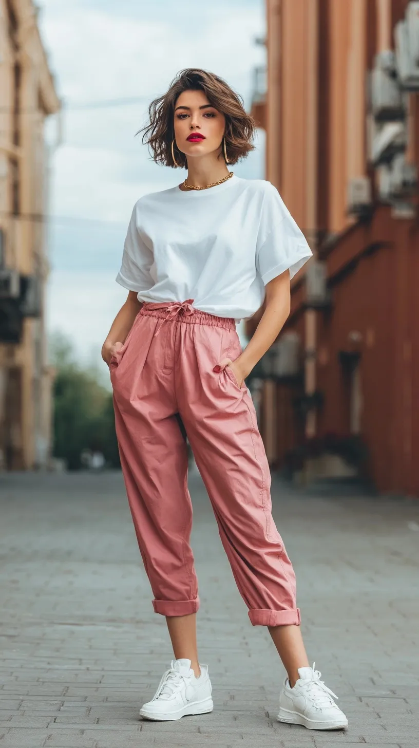 Fashionable woman in white sneakers, red t-shirt, and pink pants standing on an urban sidewalk.