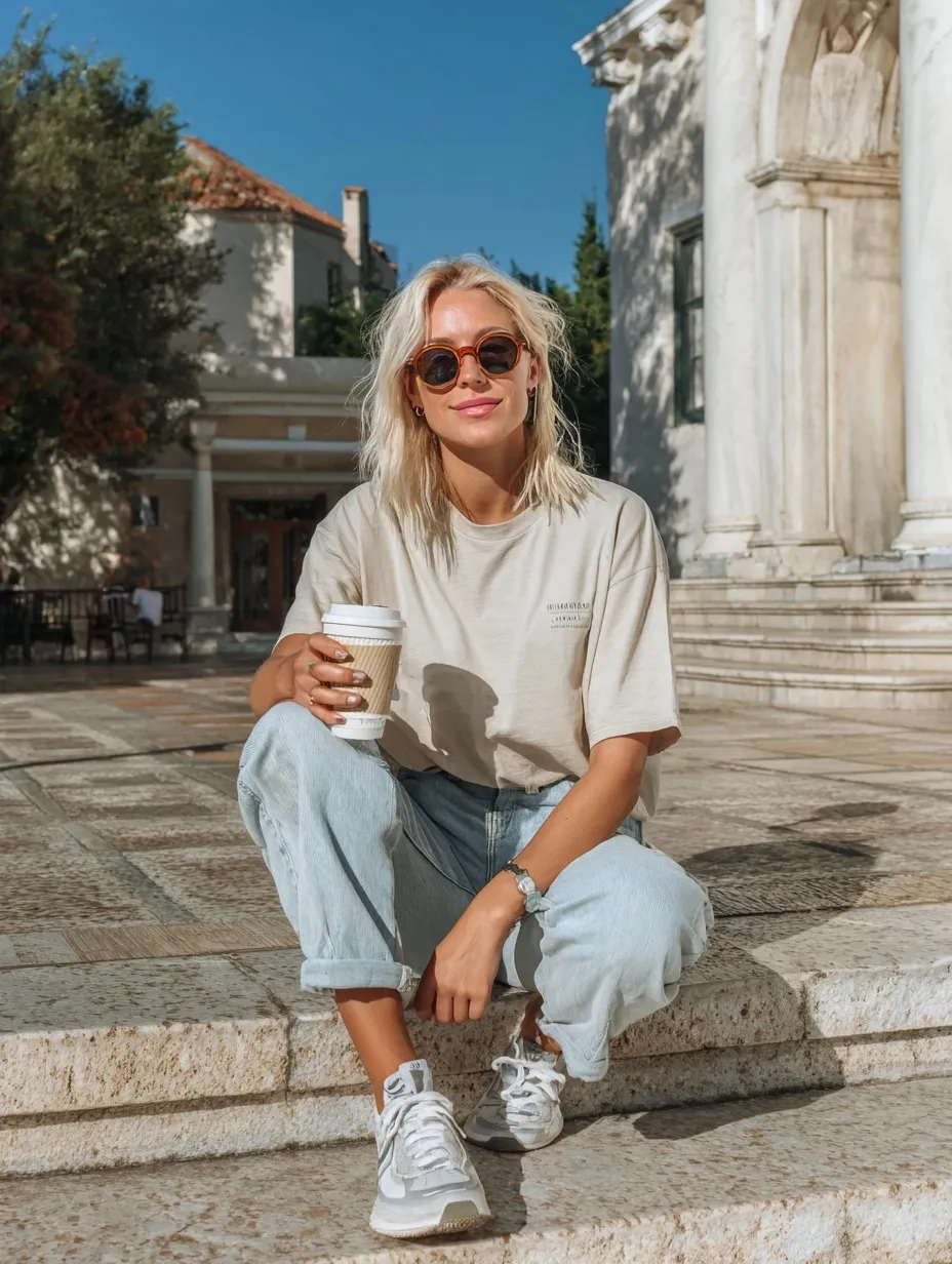 Blonde woman in sunglasses, beige tee, and white sneakers sitting on steps holding coffee on a sunny day.