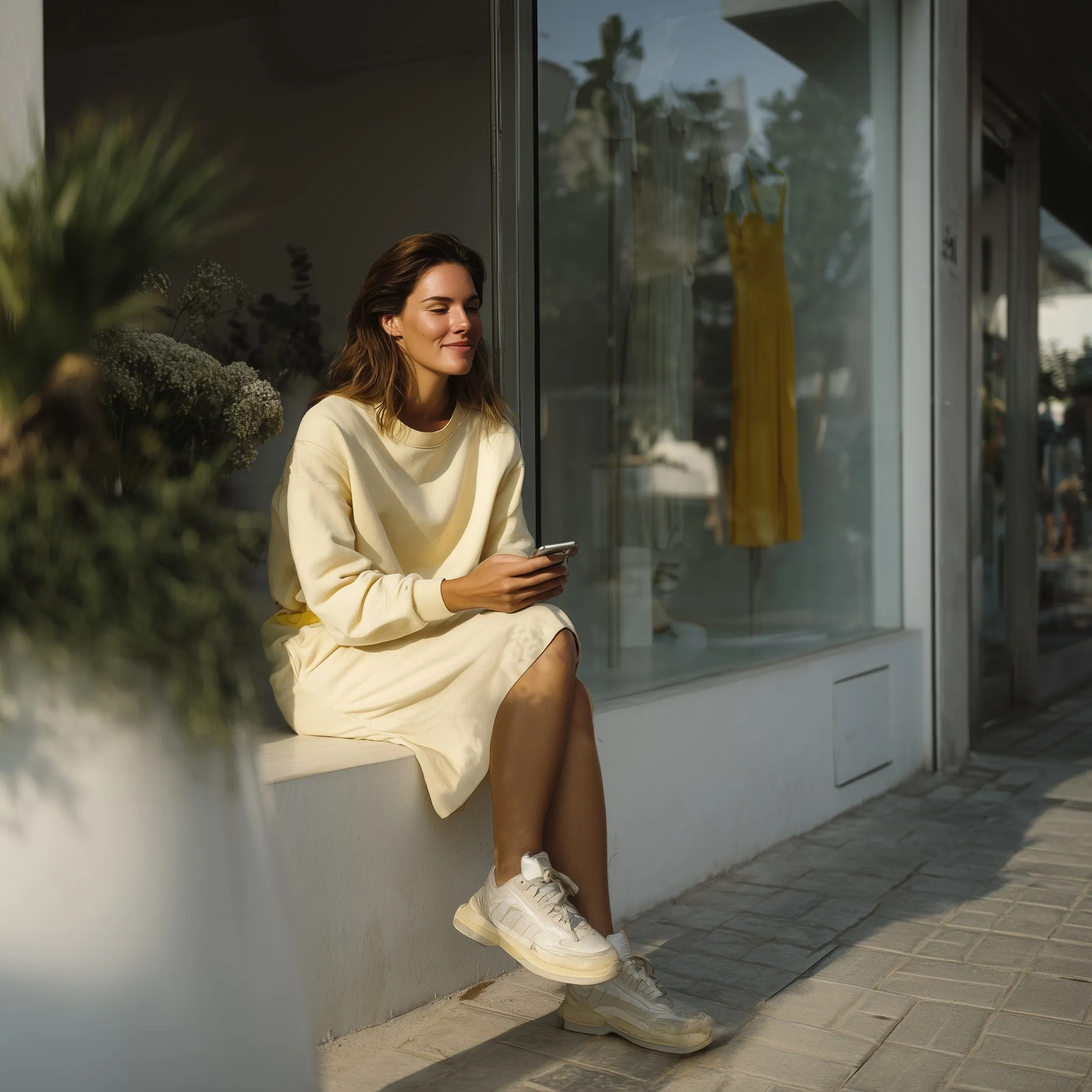 A stylish woman in her 30s wearing casual tennis clothes and white sneakers, sitting in a minimalist fashion store.