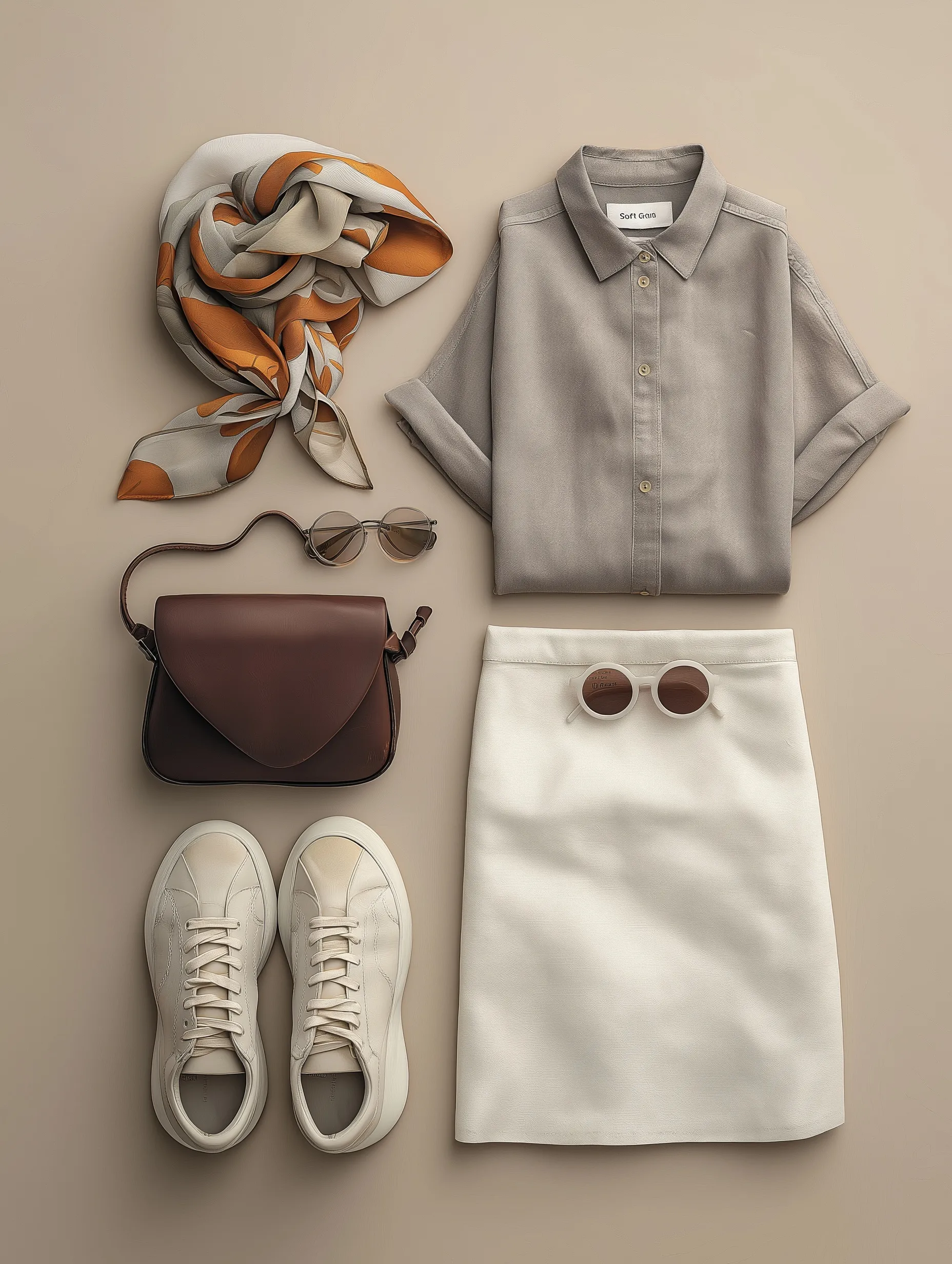Flat lay of eco-friendly women’s fashion featuring white sneakers, linen shirt, midi skirt, and leather bag.