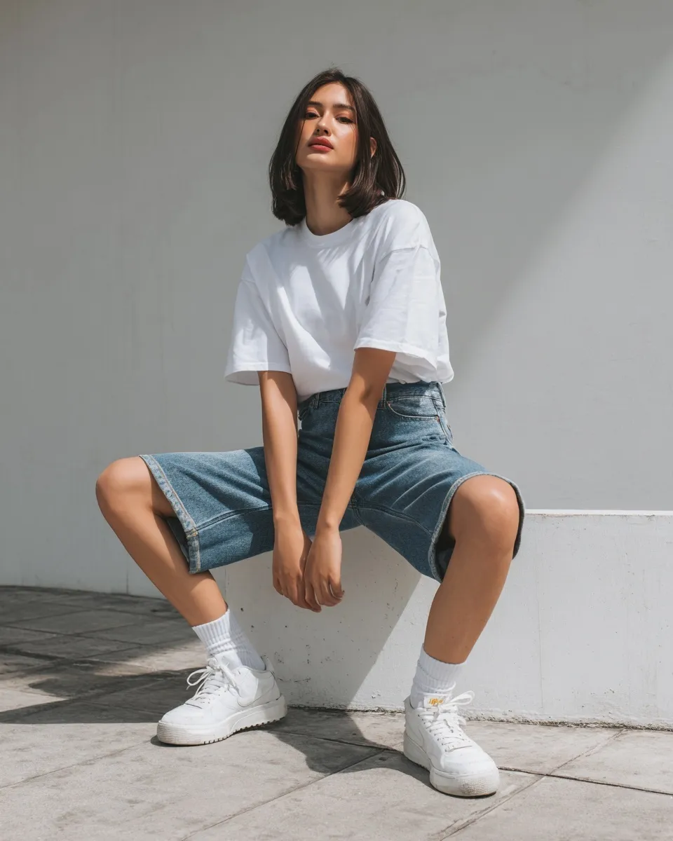 A confident model in a white t-shirt and denim bermuda shorts wearing stylish white sneakers in a street-casual look.