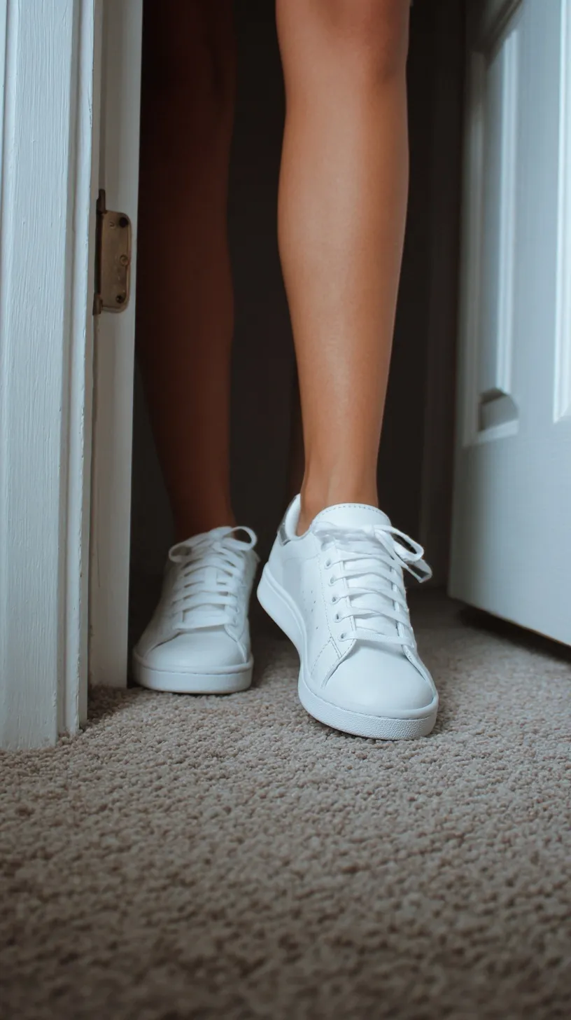Close up of a woman wearing clean white sneakers standing on a carpeted floor in a doorway.