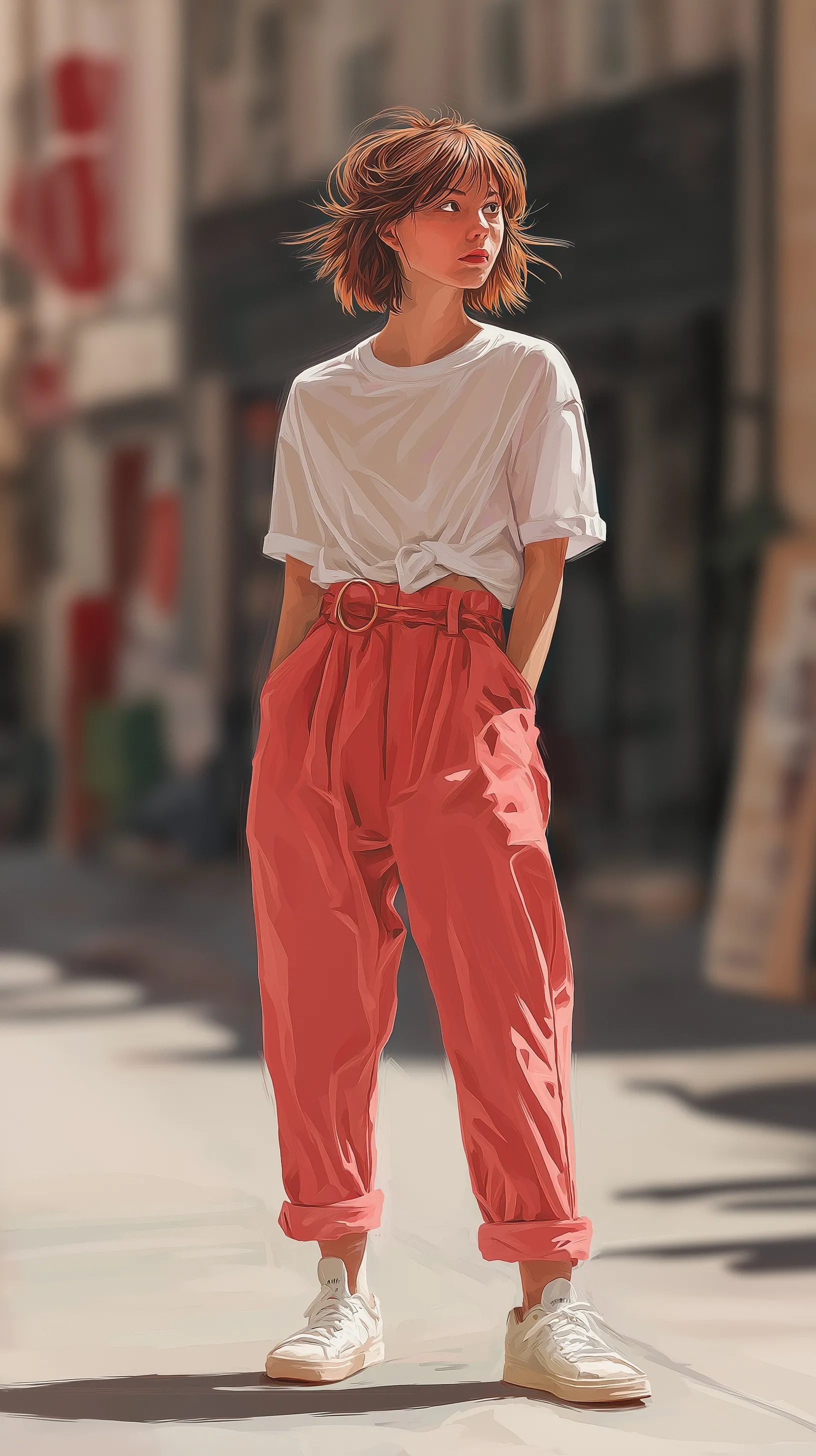 Fashionable woman wearing white sneakers, red t-shirt, and pink pants on an urban sidewalk.