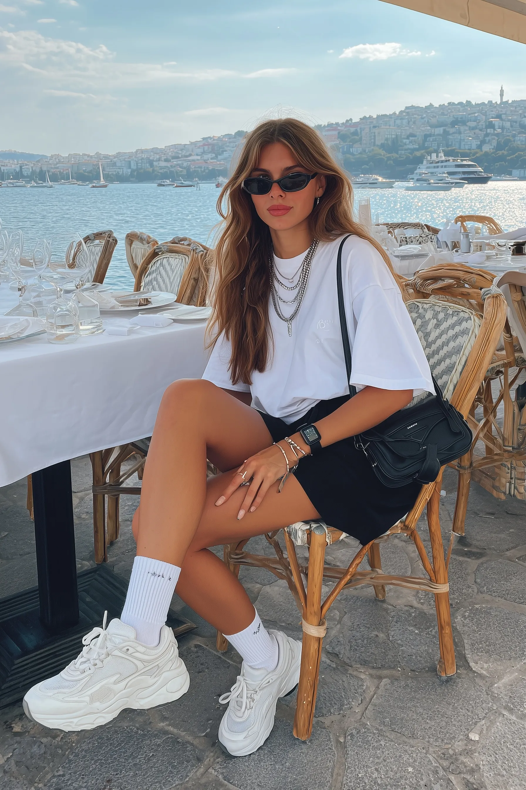 A stylish woman in an oversized white t-shirt, black skort, and chunky white sneakers at a seaside Istanbul café.