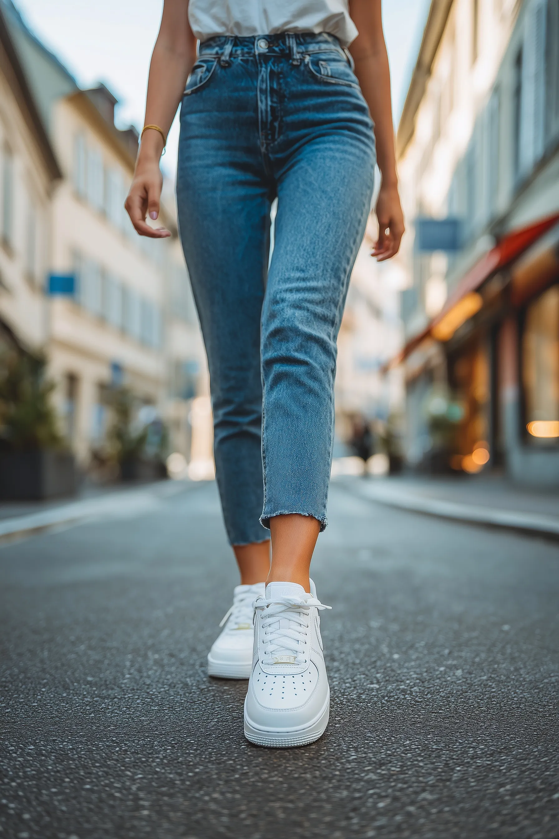 A woman in blue jeans and white Nike sneakers walking on an urban city street, focusing on dynamic leg movement.
