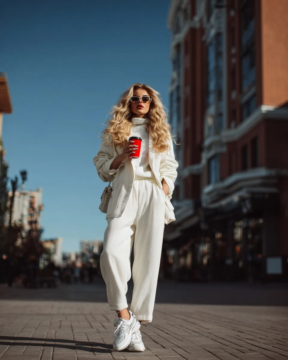 Fashionable woman in a white suit and sneakers holding a coffee cup on a modern city street.