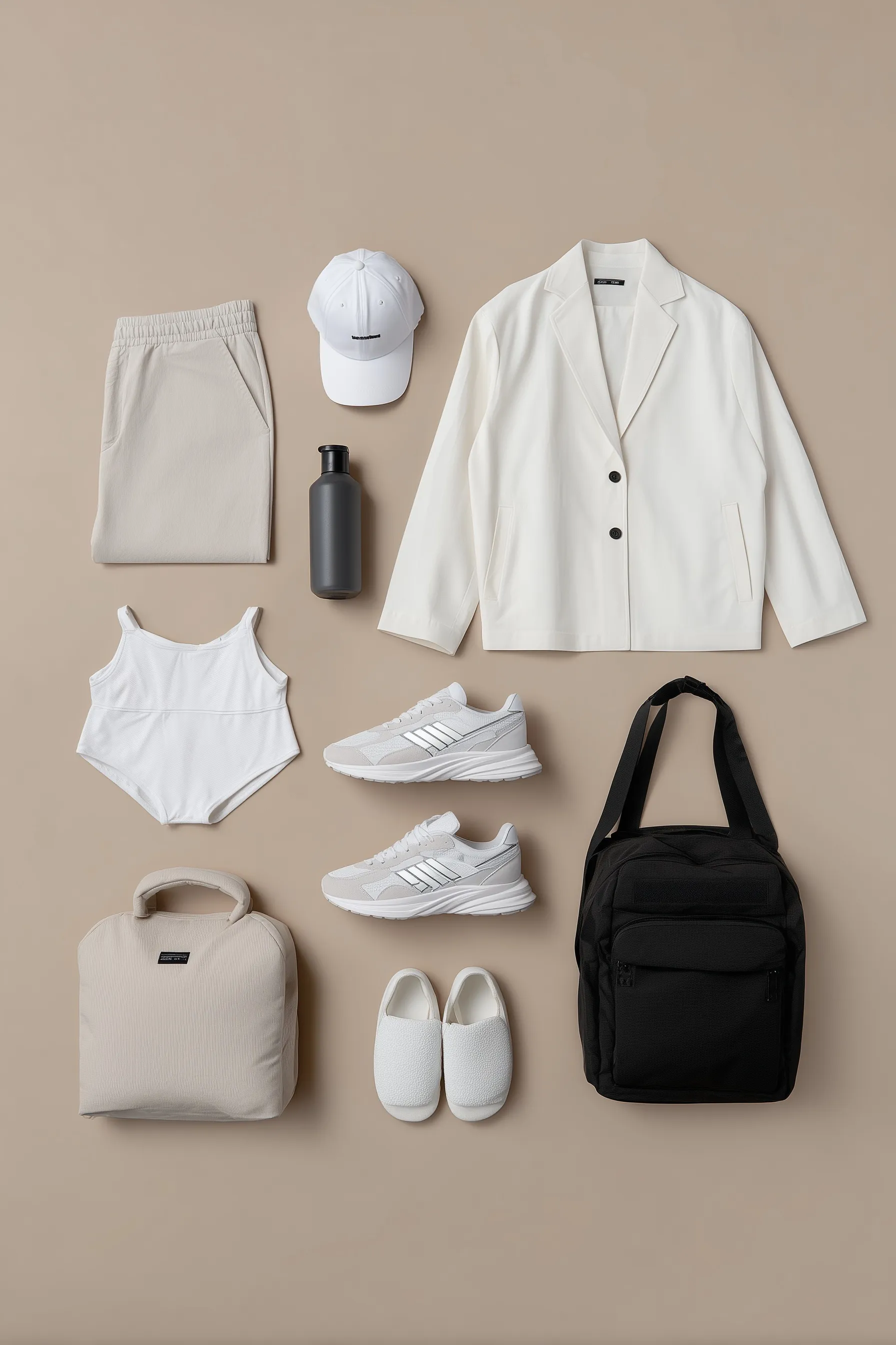 Flat-lay of stylish white sneakers, apparel, and accessories in neutral beige and white tones for a modern outfit.