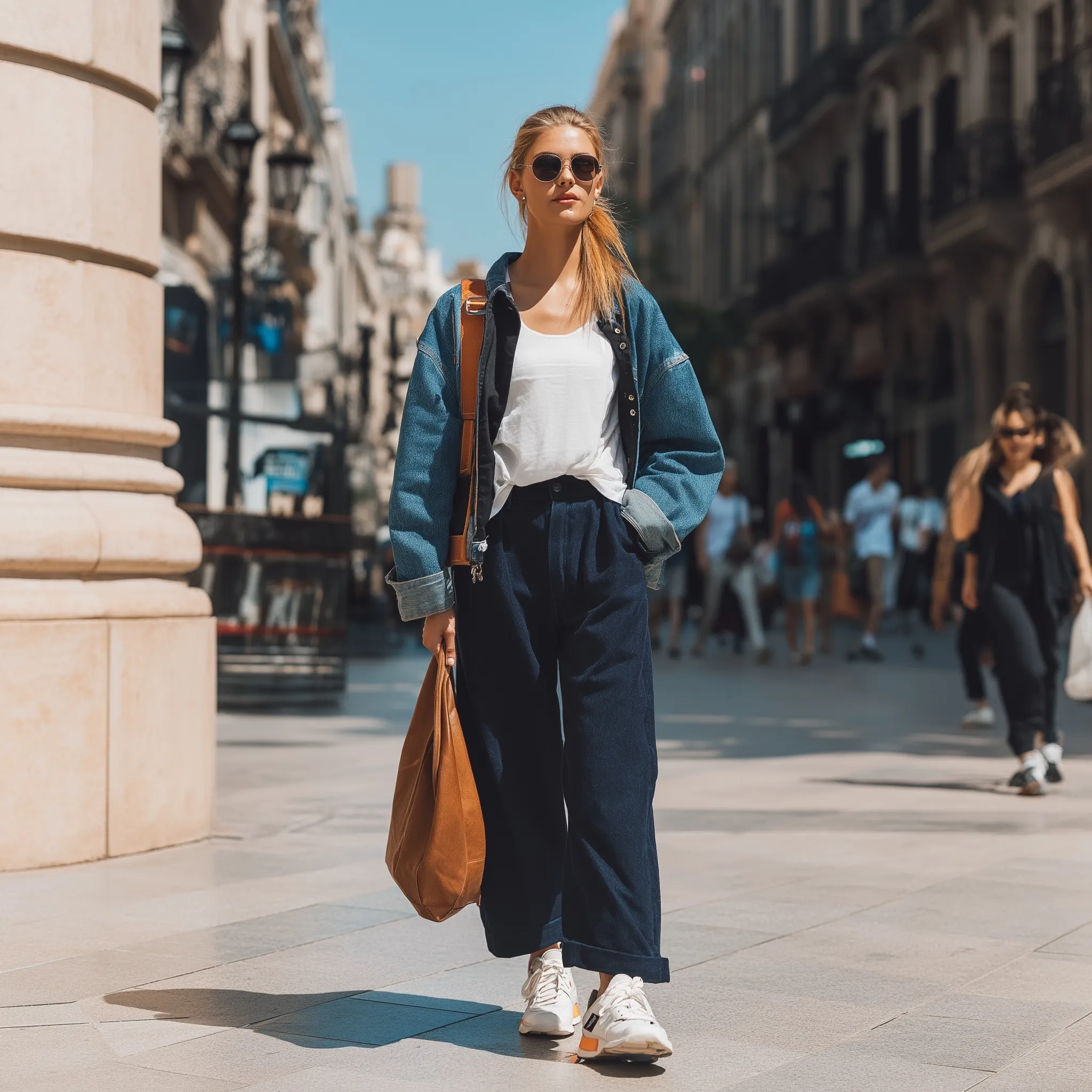 Stylish young woman in an oversized denim jacket, navy wide-leg jeans, and white sneakers walking downtown.