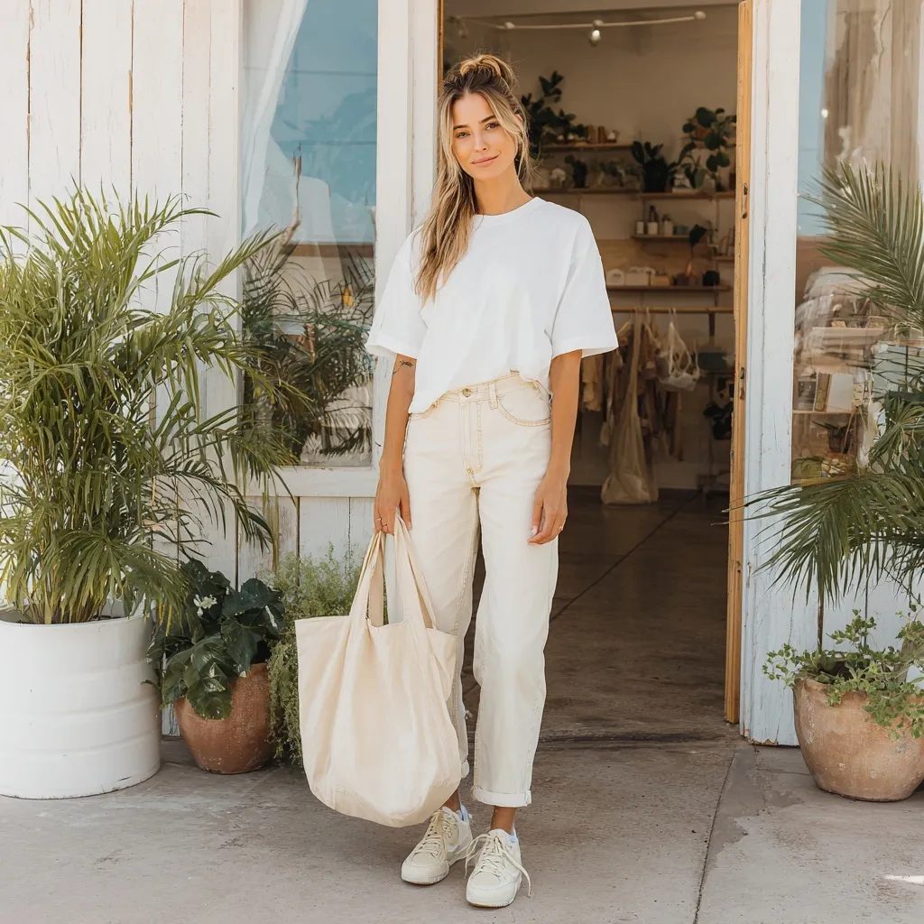 Trendy woman in a white t-shirt, jeans, and sneakers carrying a tote bag at a boho seaside port.