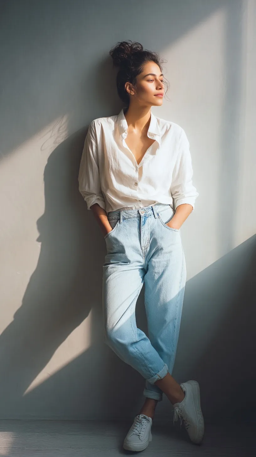 A stylish brunette woman in a white shirt and mom jeans wearing clean white sneakers leaning against a wall.