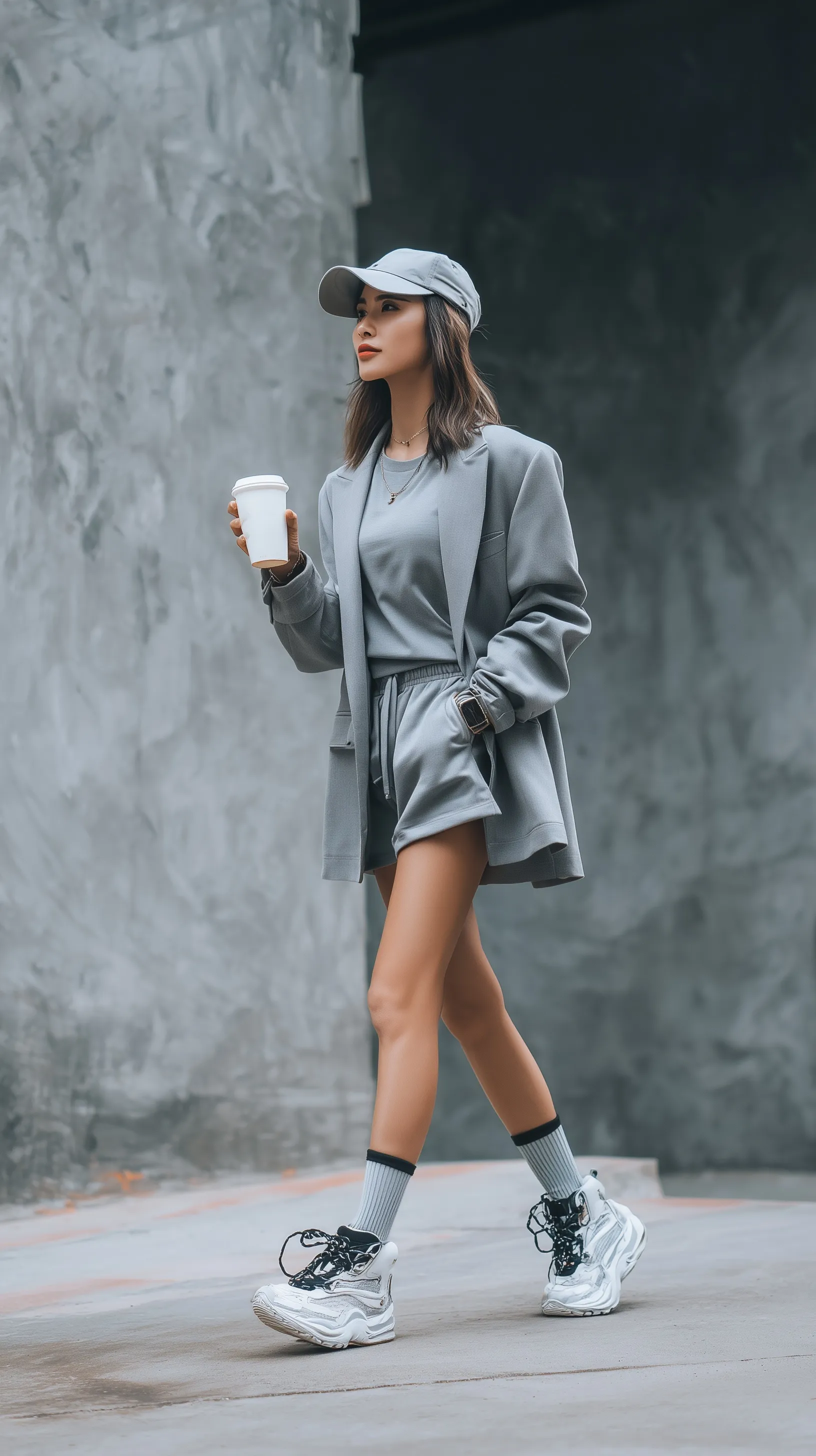 Elegant woman in an oversized blazer and white sneakers walking on a city street with coffee.