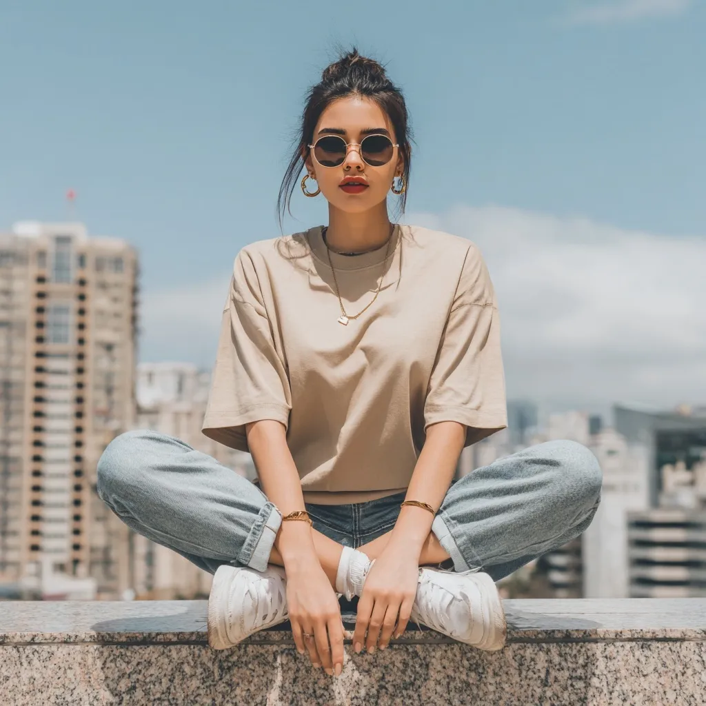 A model wearing a beige t-shirt and white sneakers standing casually on a city street in a relaxed fashion pose.