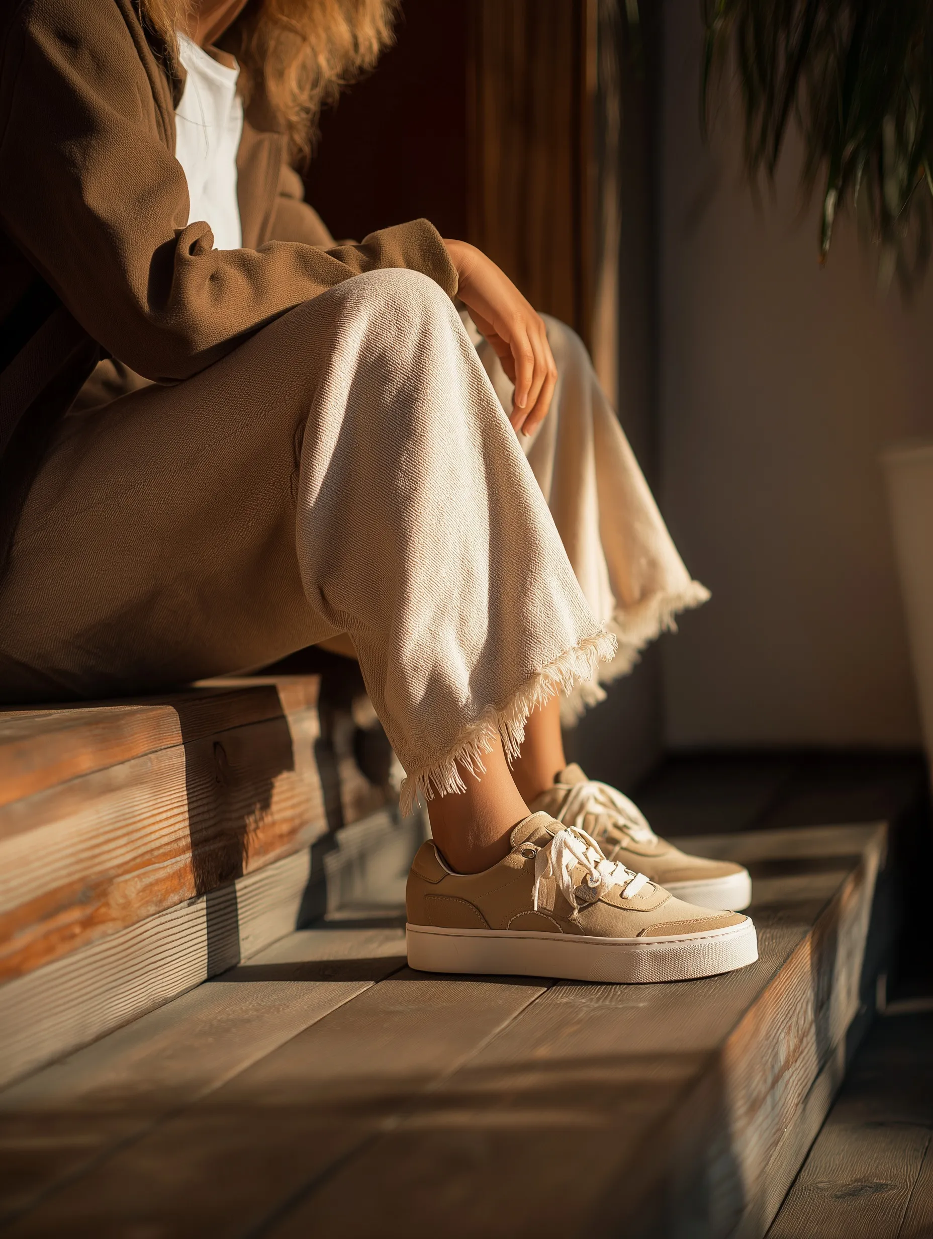 Close-up of retro Mary Jane sneakers worn with beige wide-leg pants in a sunlit urban streetwear setting.