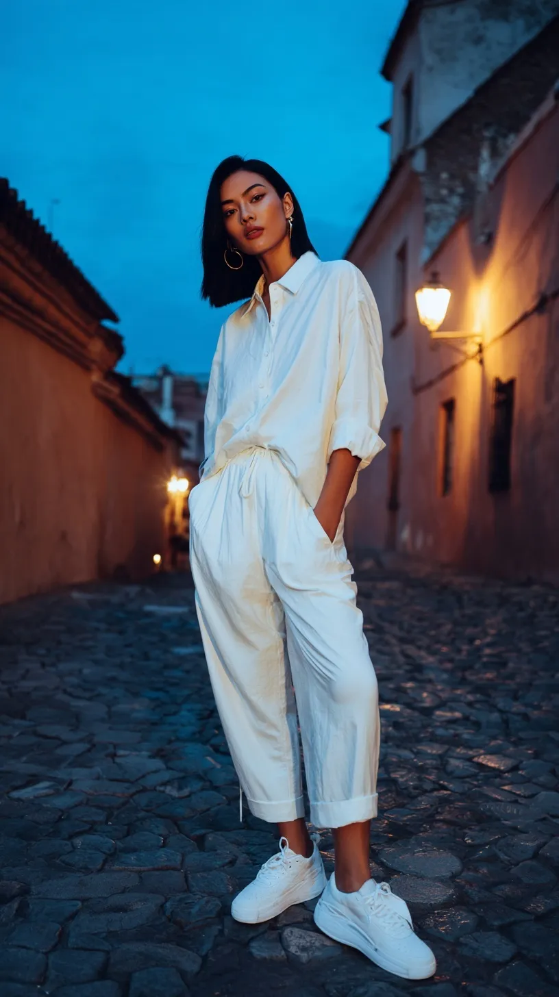 A stylish woman in an all-white outfit and minimalist sneakers posing in a historic cobblestone alley at twilight.
