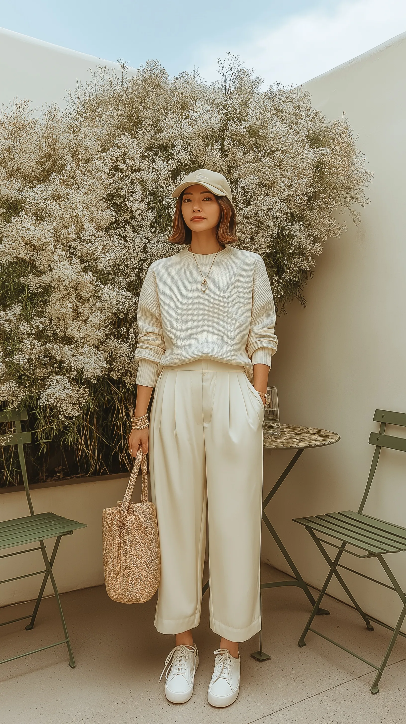 A stylish 40-year-old woman in a white sneaker outfit and linen clothes standing in a minimalist flower courtyard.