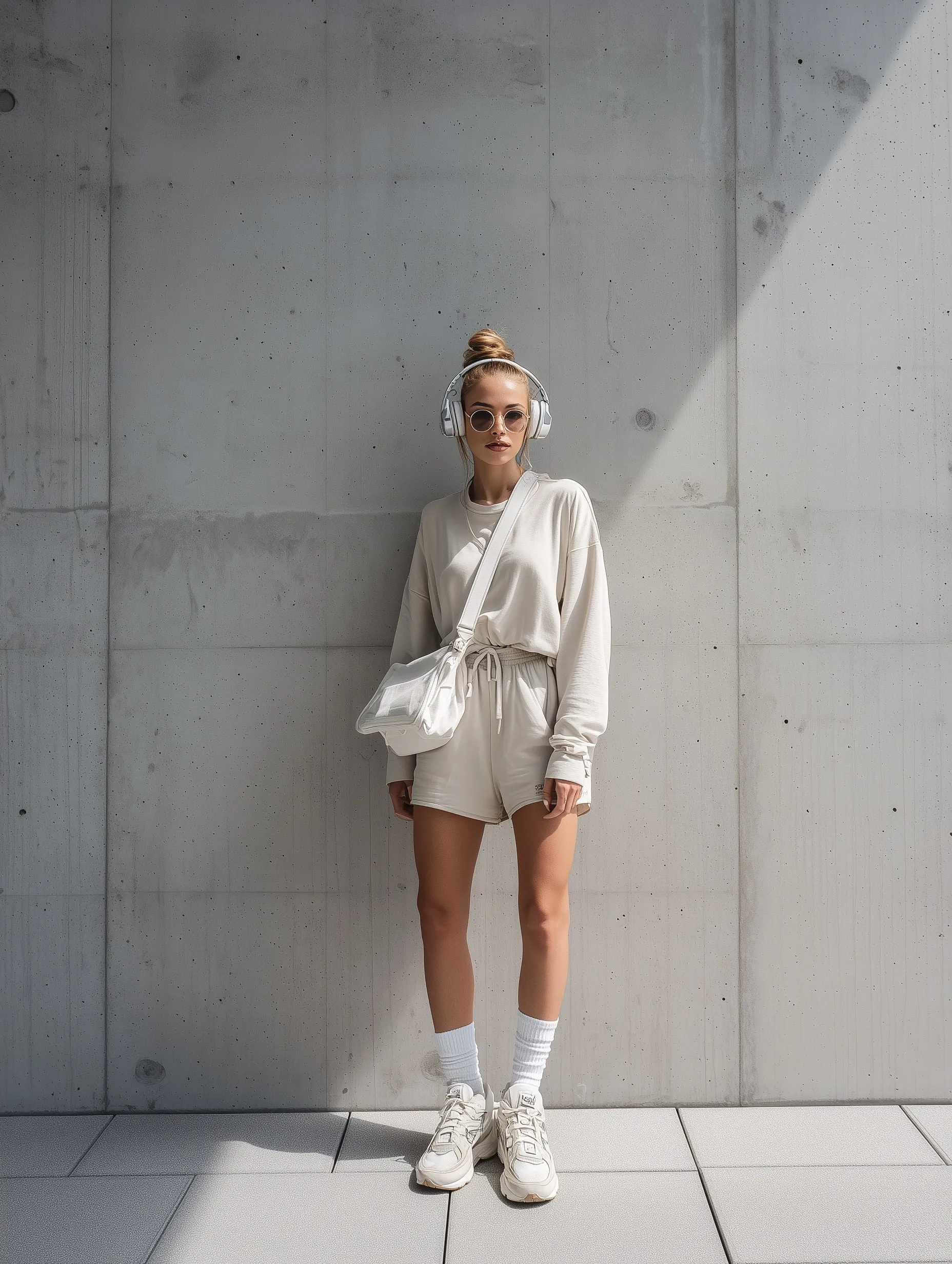 A woman in a minimalist beige sporty outfit and chunky white sneakers posing against a modern urban concrete wall.