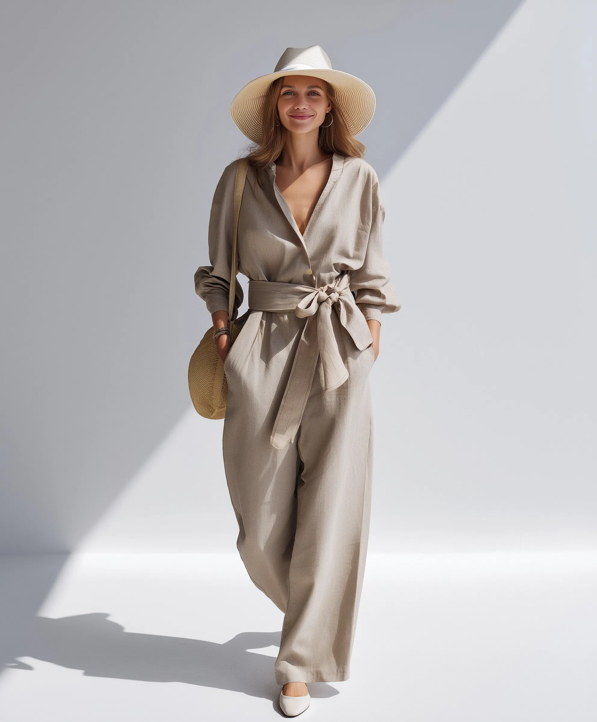 A smiling young blonde woman in a beige jumpsuit and straw hat holding a trendy linen straw bag on white background.