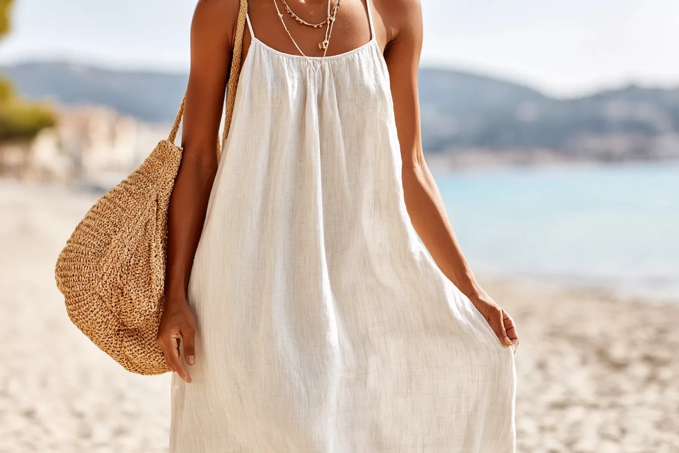 A young woman in a white maxi dress walking on a beach holding a stylish linen straw bag during a summer vacation.