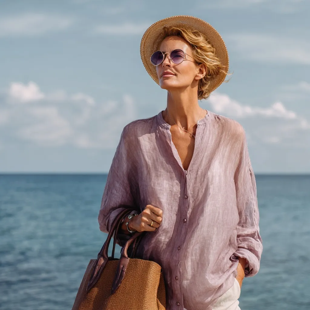Stylish woman in 40s wearing a lilac linen blouse and straw hat holding a raw leather handbag by the seaside.