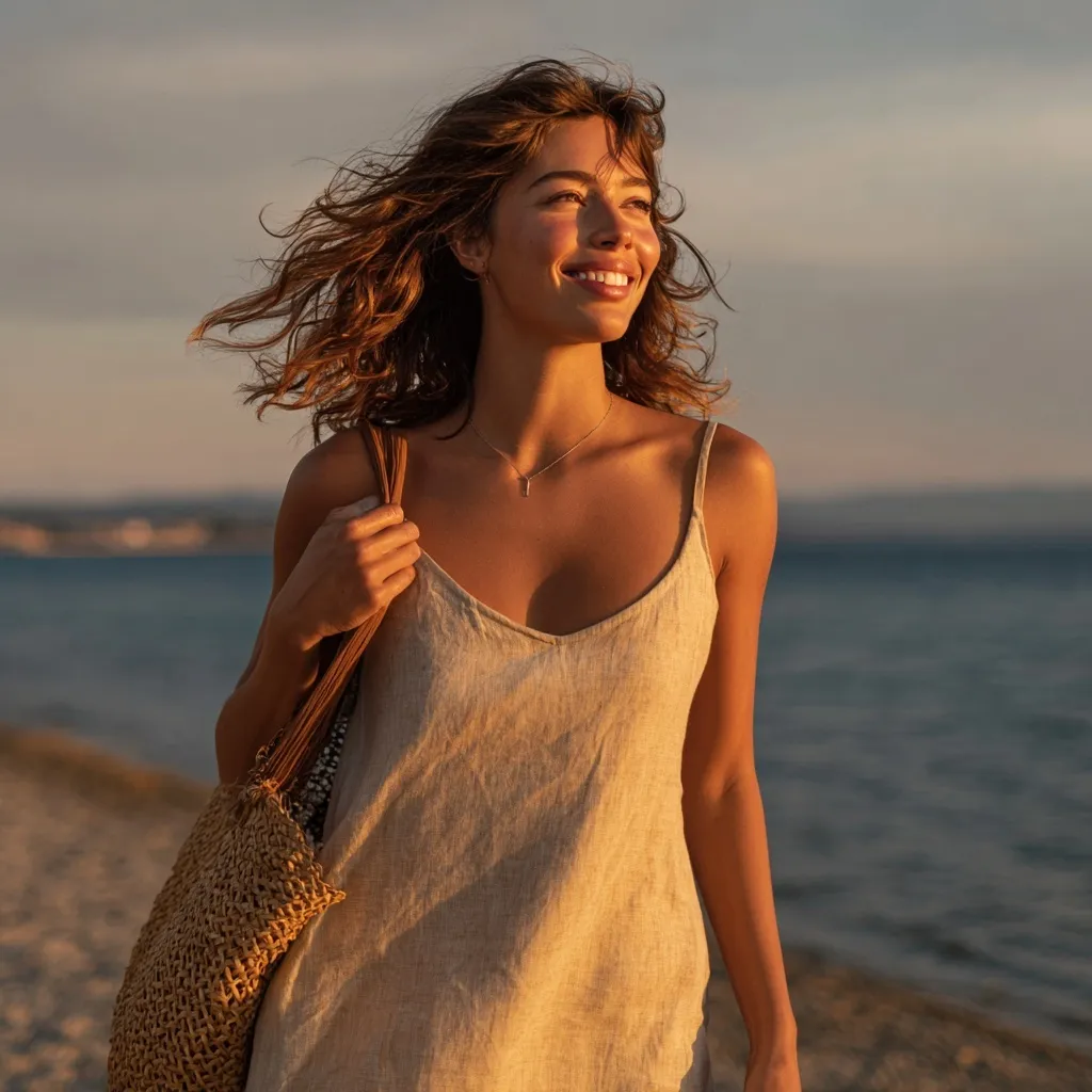 A smiling woman in a beige linen dress walking on the beach at sunset carrying a stylish woven straw bag.