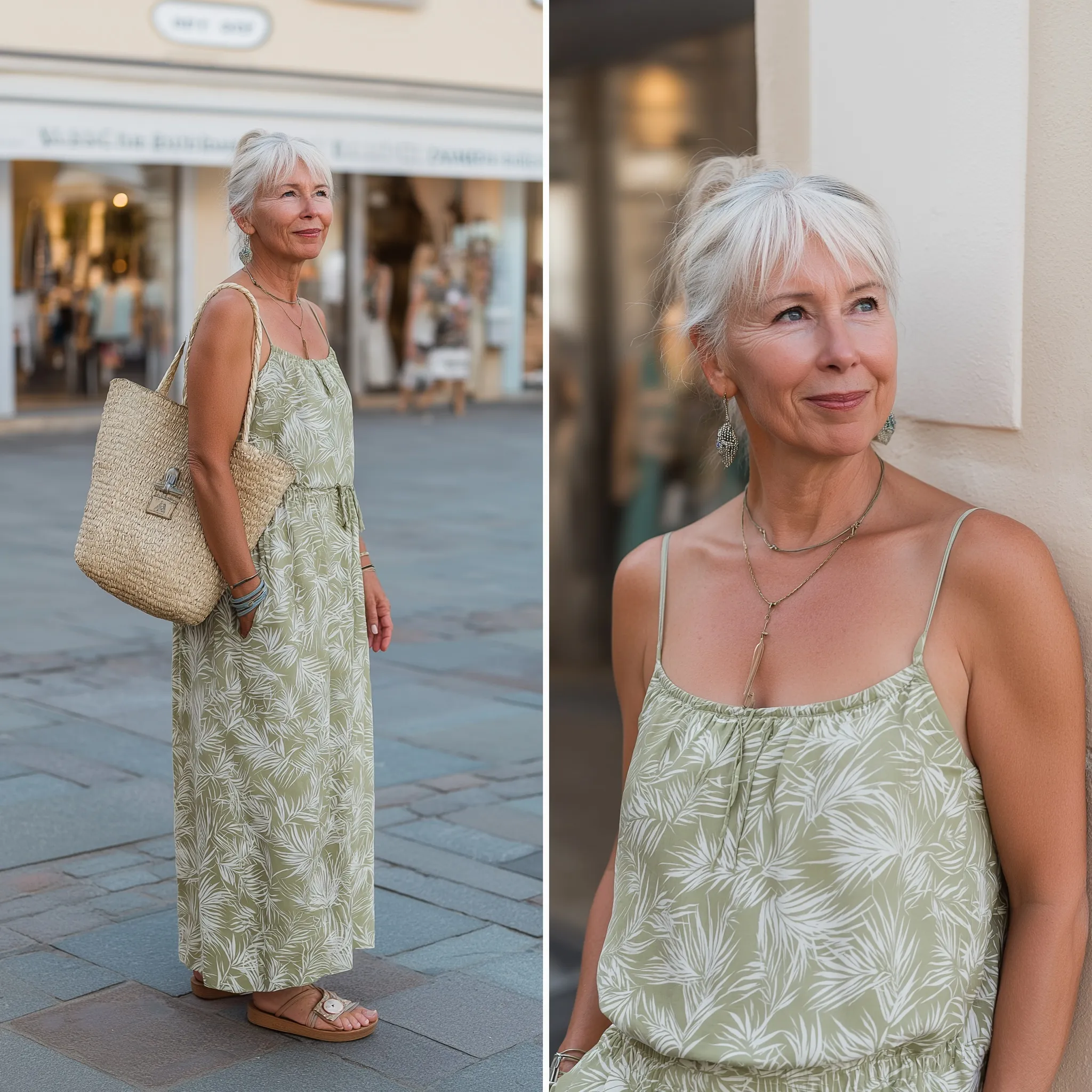 A 55-year-old woman in a green leaf-print dress carrying a stylish straw bag on a casual city street.