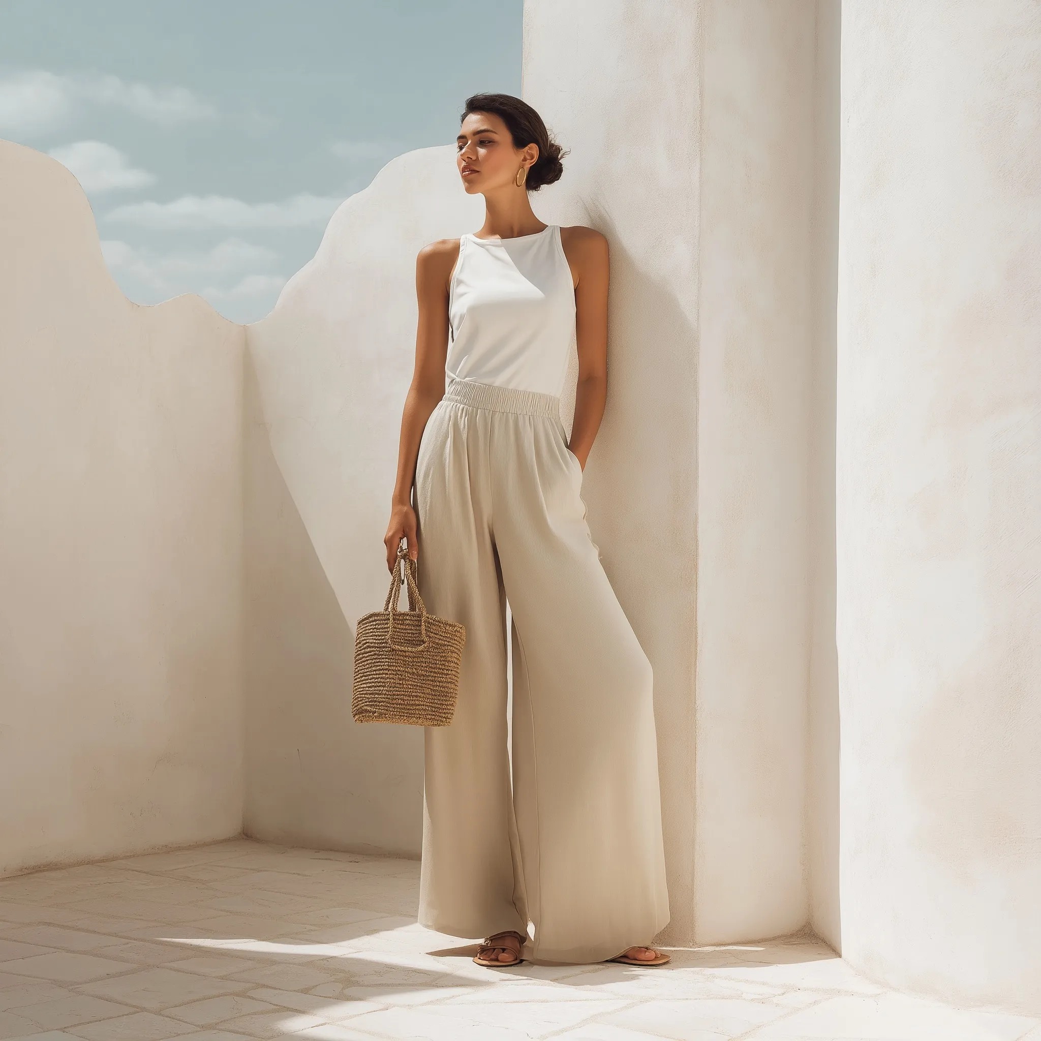 A slim woman in beige linen pants and a white top posing with a straw bag on a sunlit terrace.