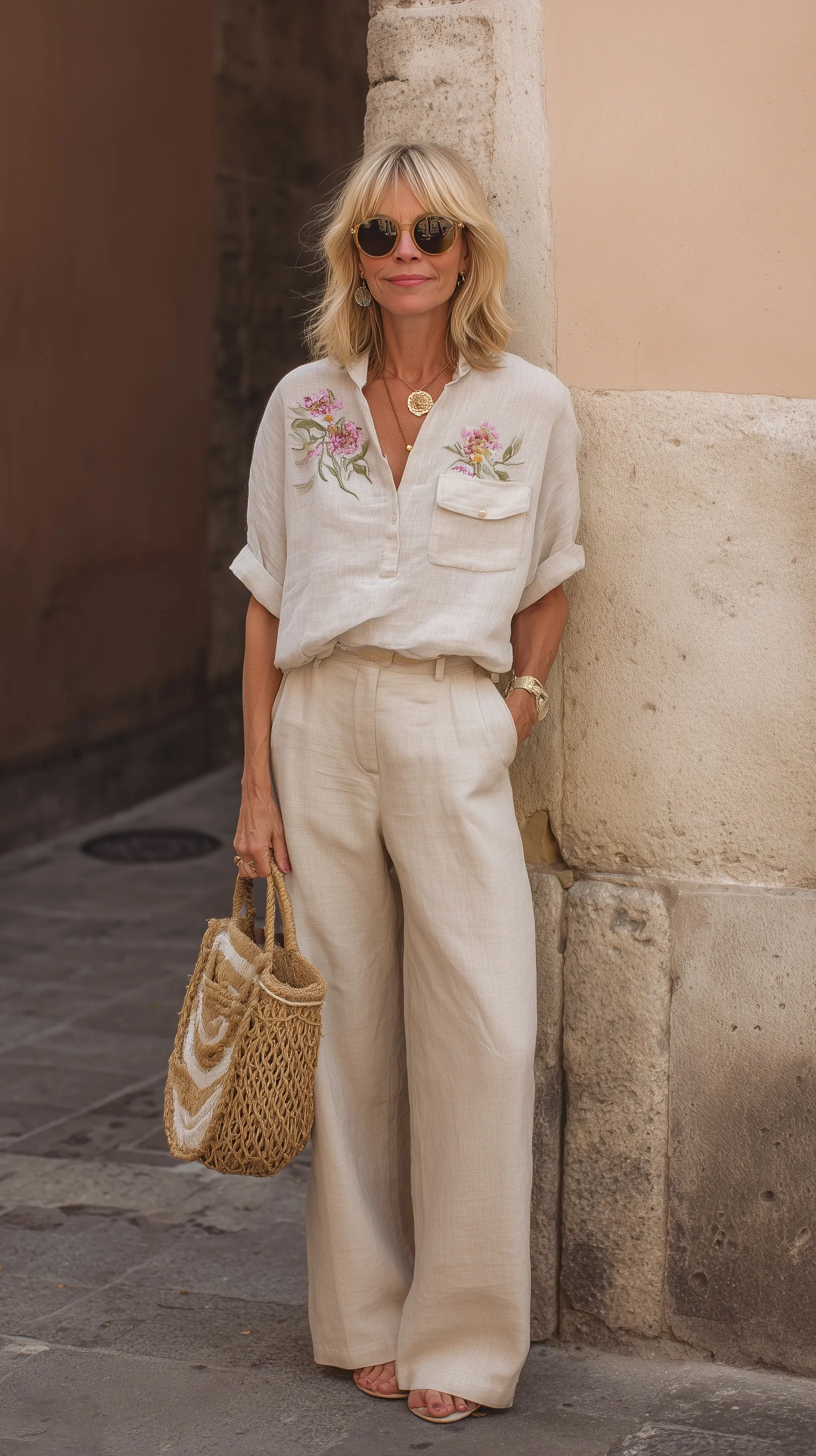 Stylish woman in her 40s wearing a linen blouse and wide-leg pants carrying a straw bag outdoors.