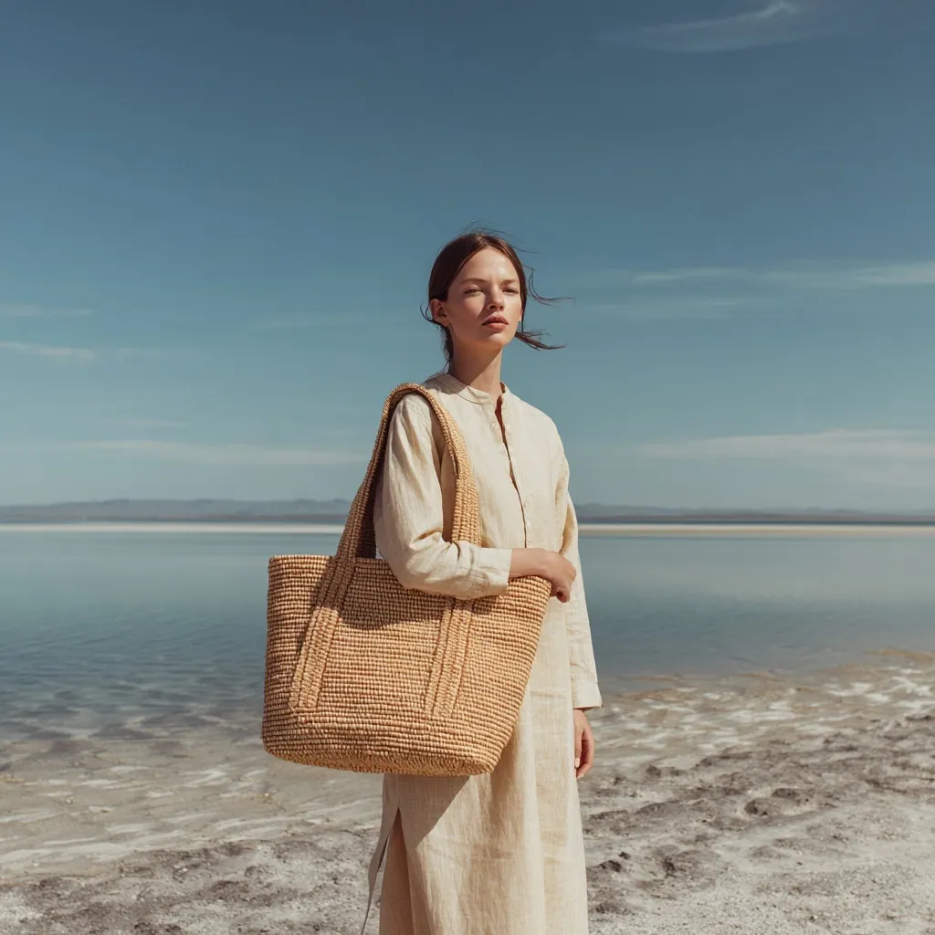 A young woman holding a natural woven straw tote bag on a calm beach, captured in soft, airy editorial lighting.