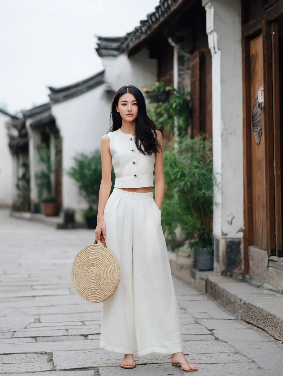 Chinese woman in white linen outfit holding a round straw bag on a charming old town street.