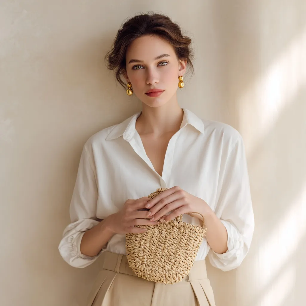 A stylish woman in a white blouse holding a small straw tote bag against a minimalist cream studio background.