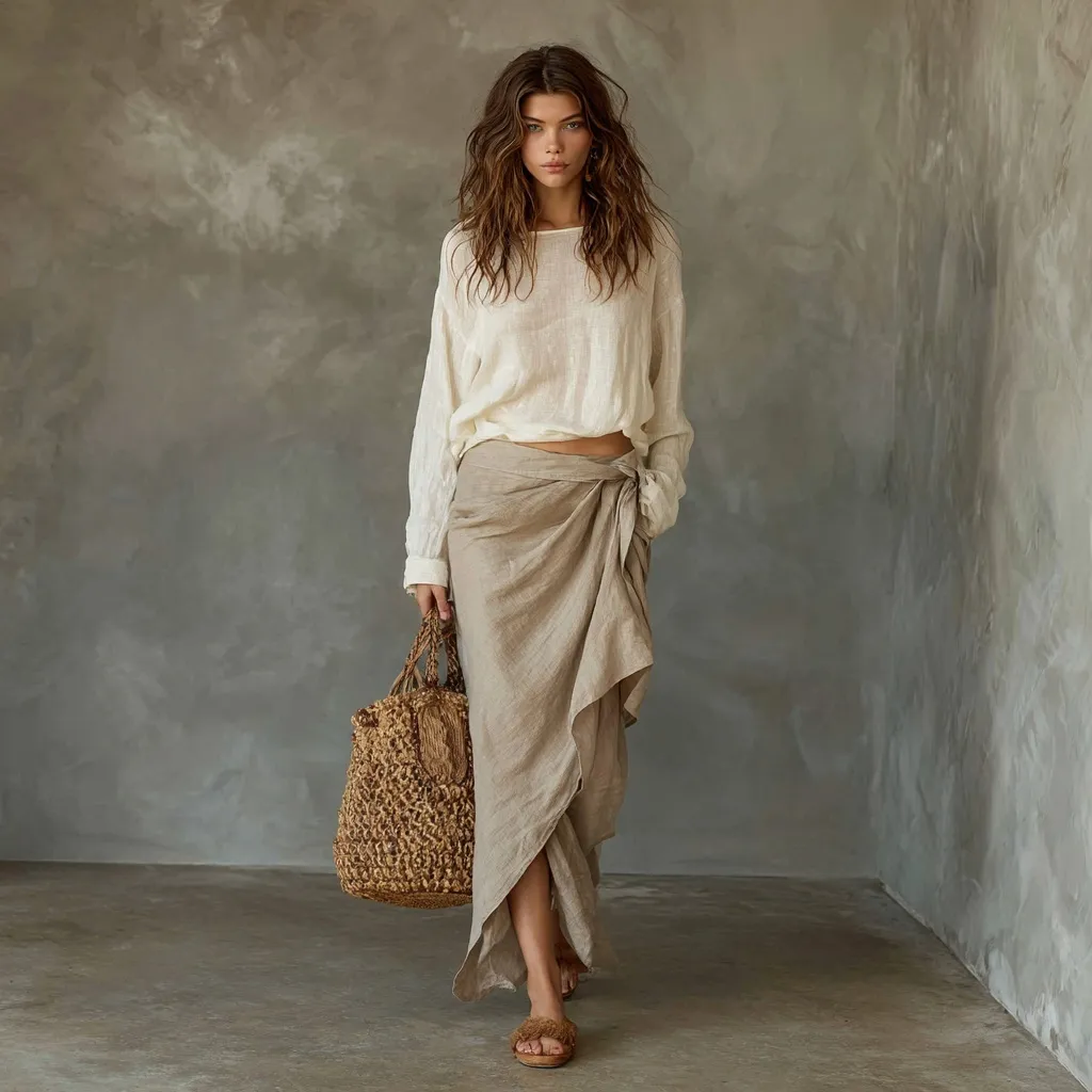 A stylish woman in an off-white linen outfit and taupe maxi skirt carrying a woven straw bag against a gray wall.