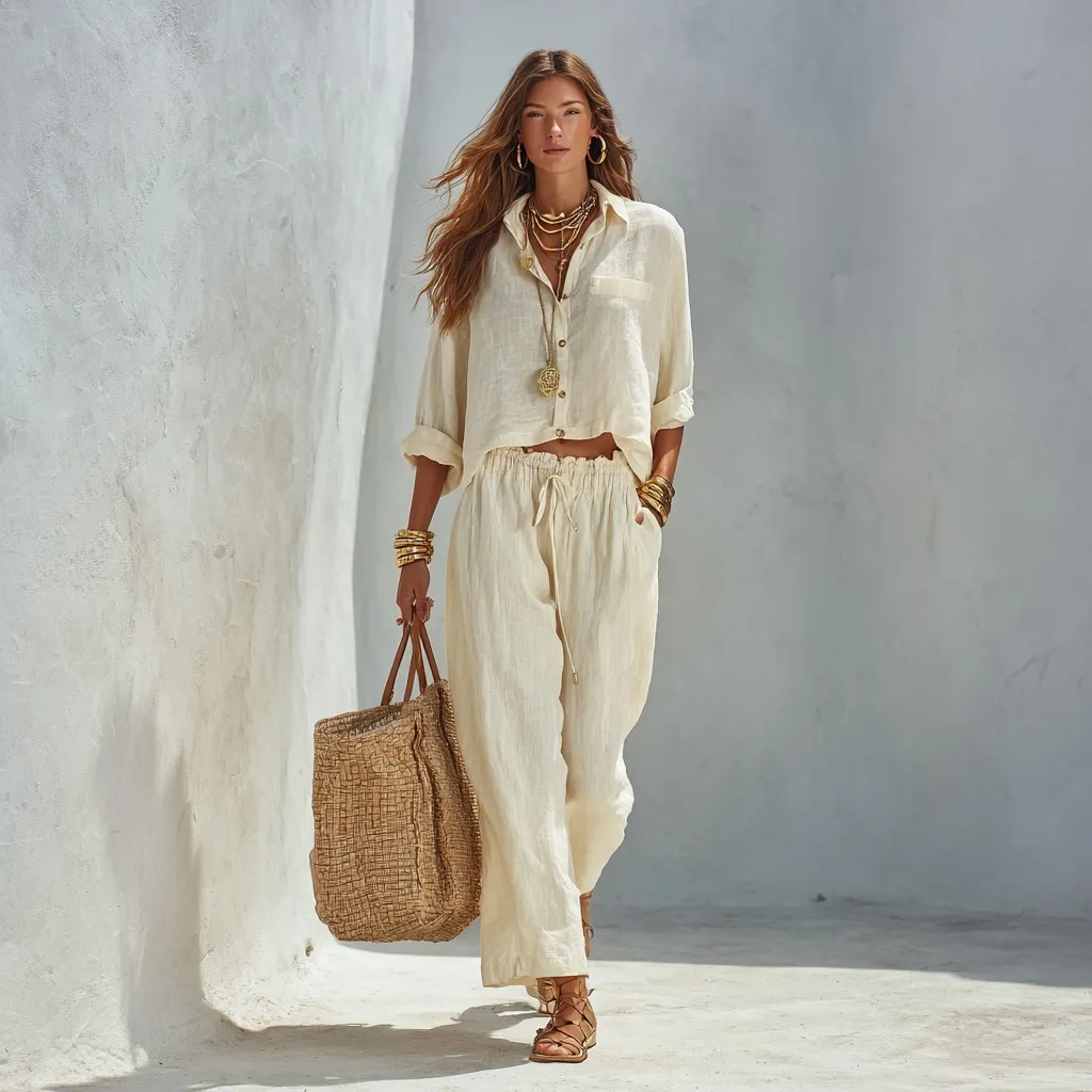Elegant woman in cream linen bohemian set carrying a stylish tan woven straw tote bag against a gray wall.