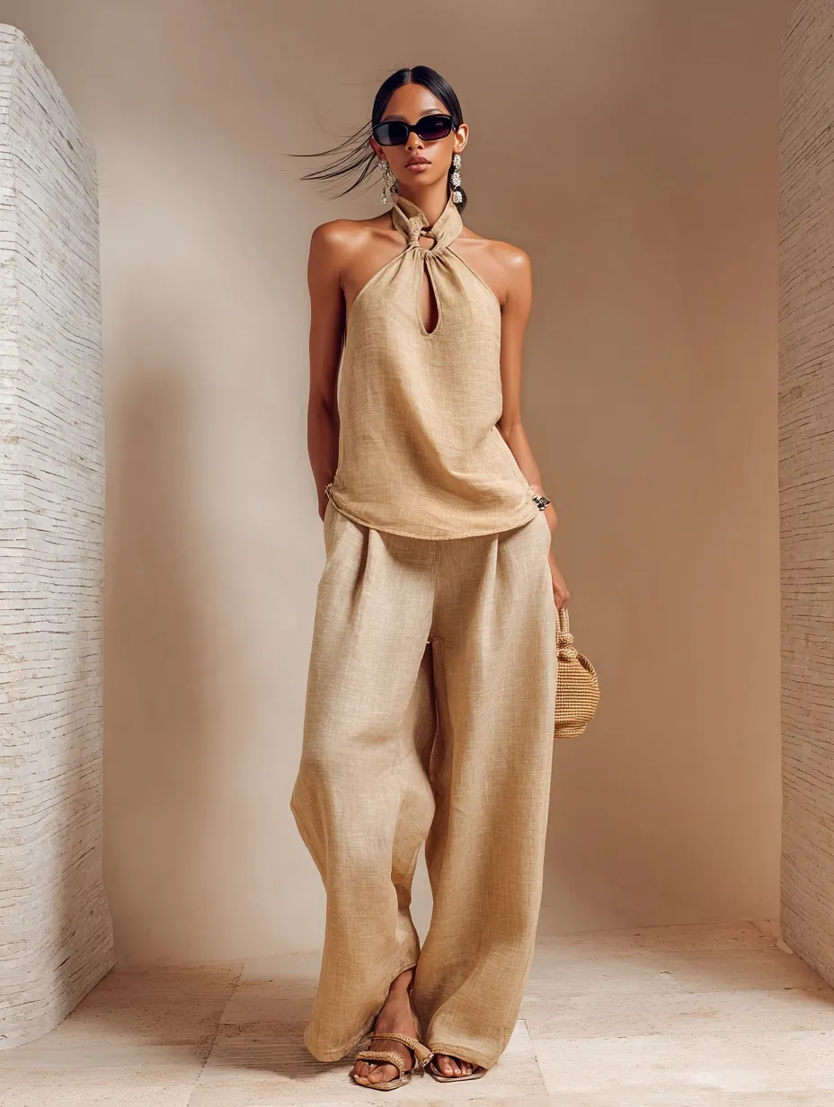 A 35-year-old model in beige linen clothing and a straw bag poses against a neutral retro brick wall in a studio.