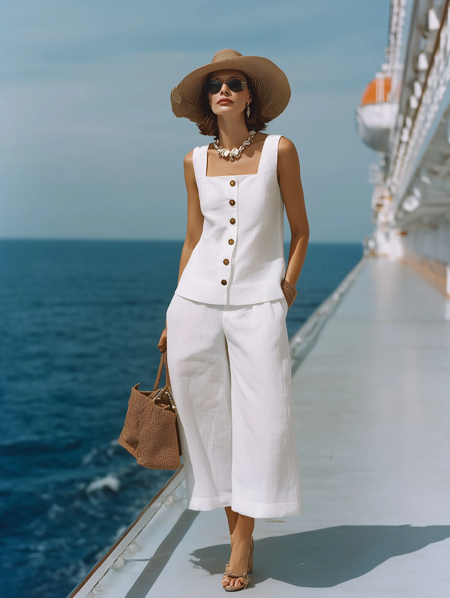 A 30-year-old model in a white linen outfit and straw hat holding a straw bag on a cruise ship deck by the sea.