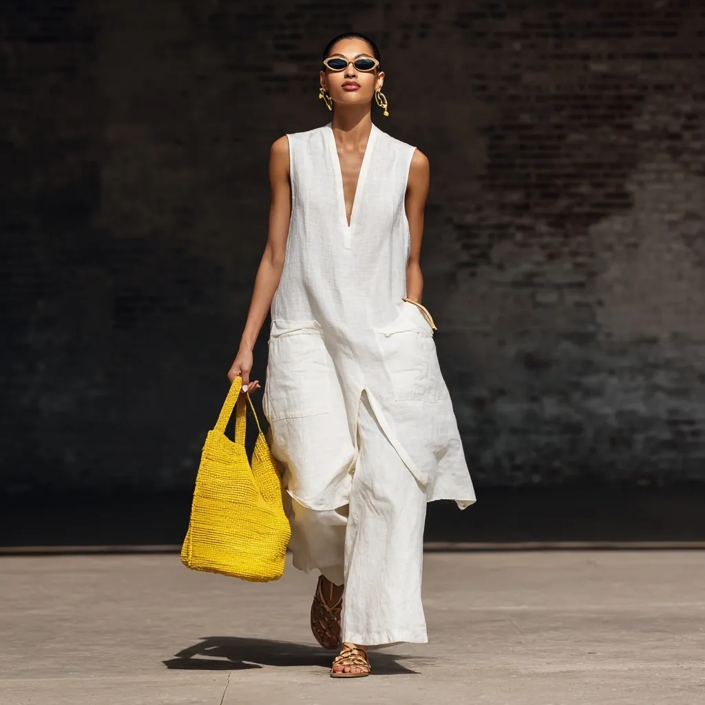A 35-year-old woman in a white linen dress and trousers carrying a yellow straw bag against a dark brick wall.