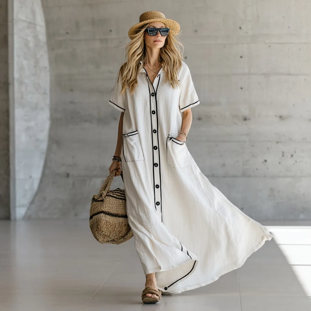 A blonde model in a white linen maxi dress and woven straw bag walking indoors against a gray cement wall.