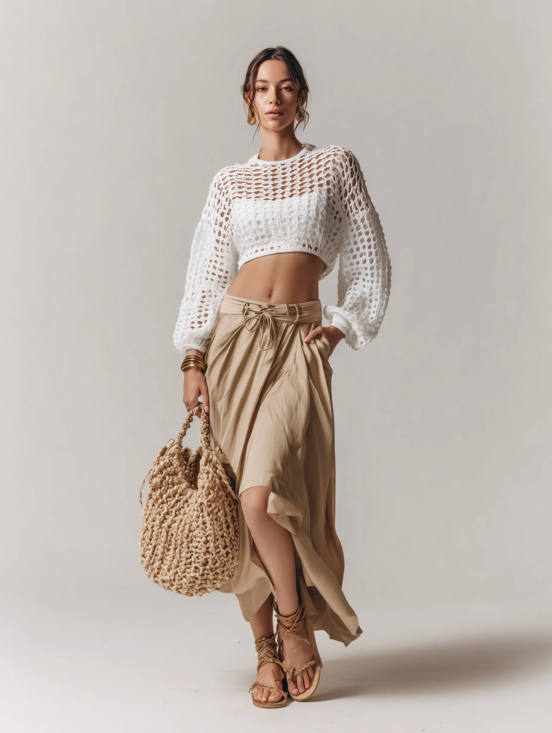 A stylish woman in bohemian clothing holding a beige straw shoulder bag against a plain white background.