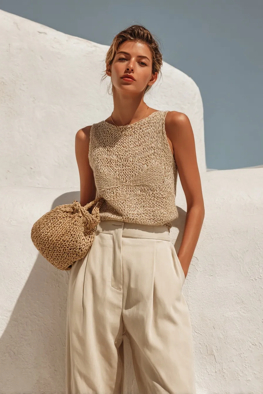 A 32-year-old woman in loose linen trousers and a unique top holding a small straw bag against an ivory wall.