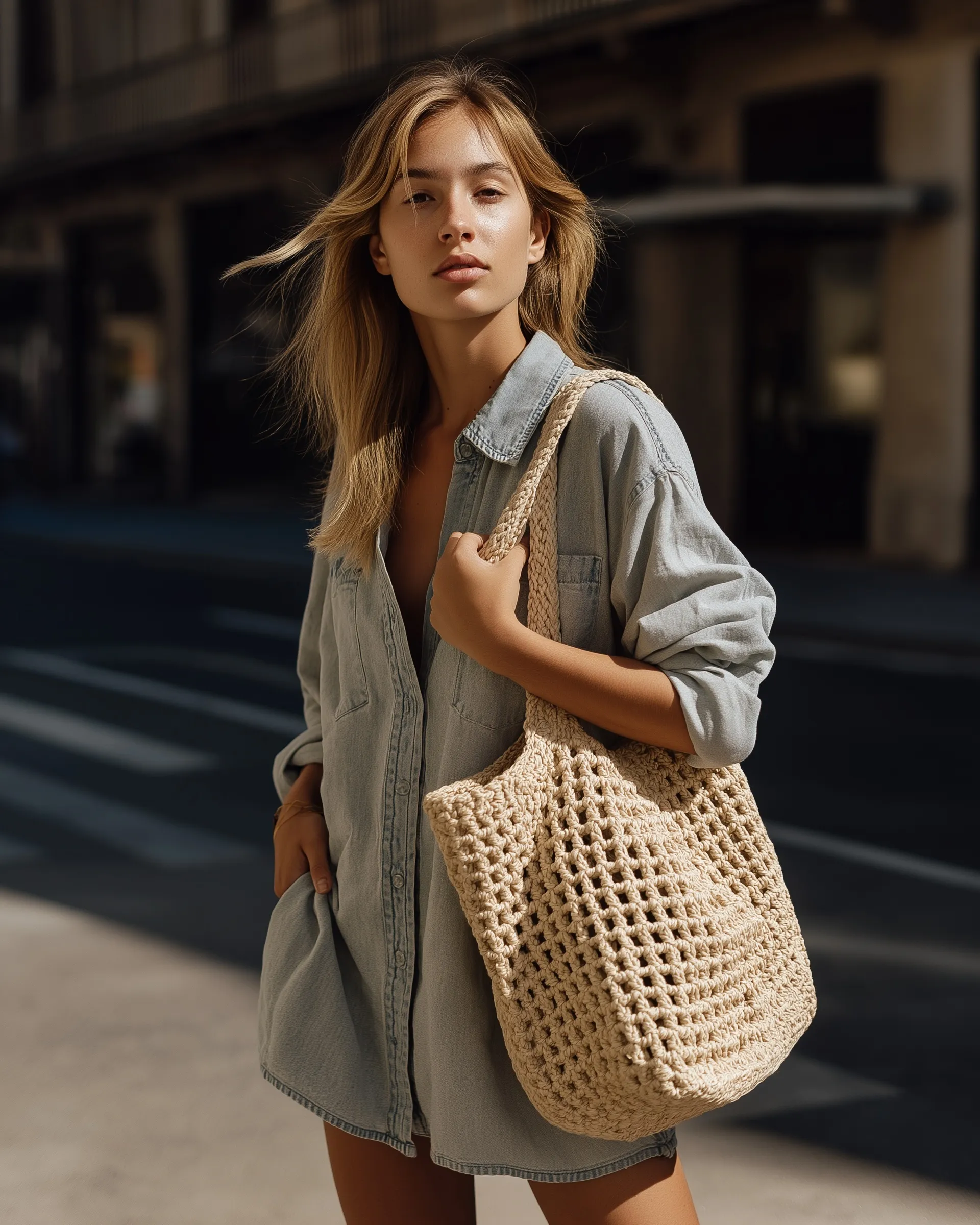 Stylish woman walking in city sunlight carrying a handmade crochet straw bag with a relaxed summer linen outfit.