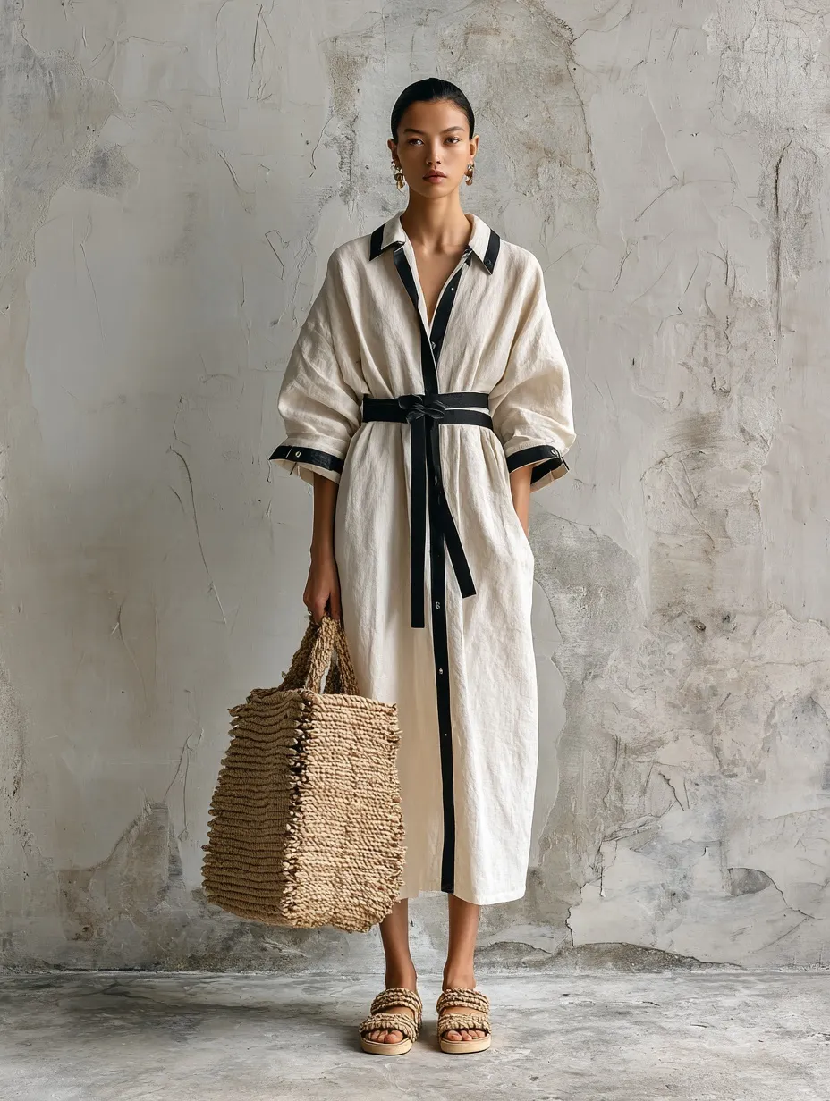 Female model in a linen shirt dress carrying an oversized straw bag against a concrete wall, bohemian fashion style.