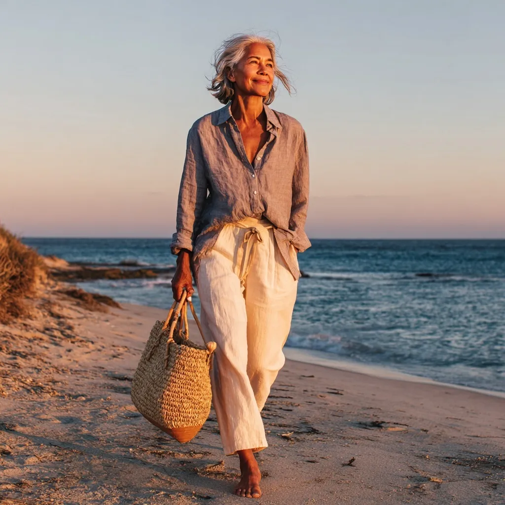 Confident woman in her 60s carrying a woven straw bag while walking barefoot on a beach at sunset.