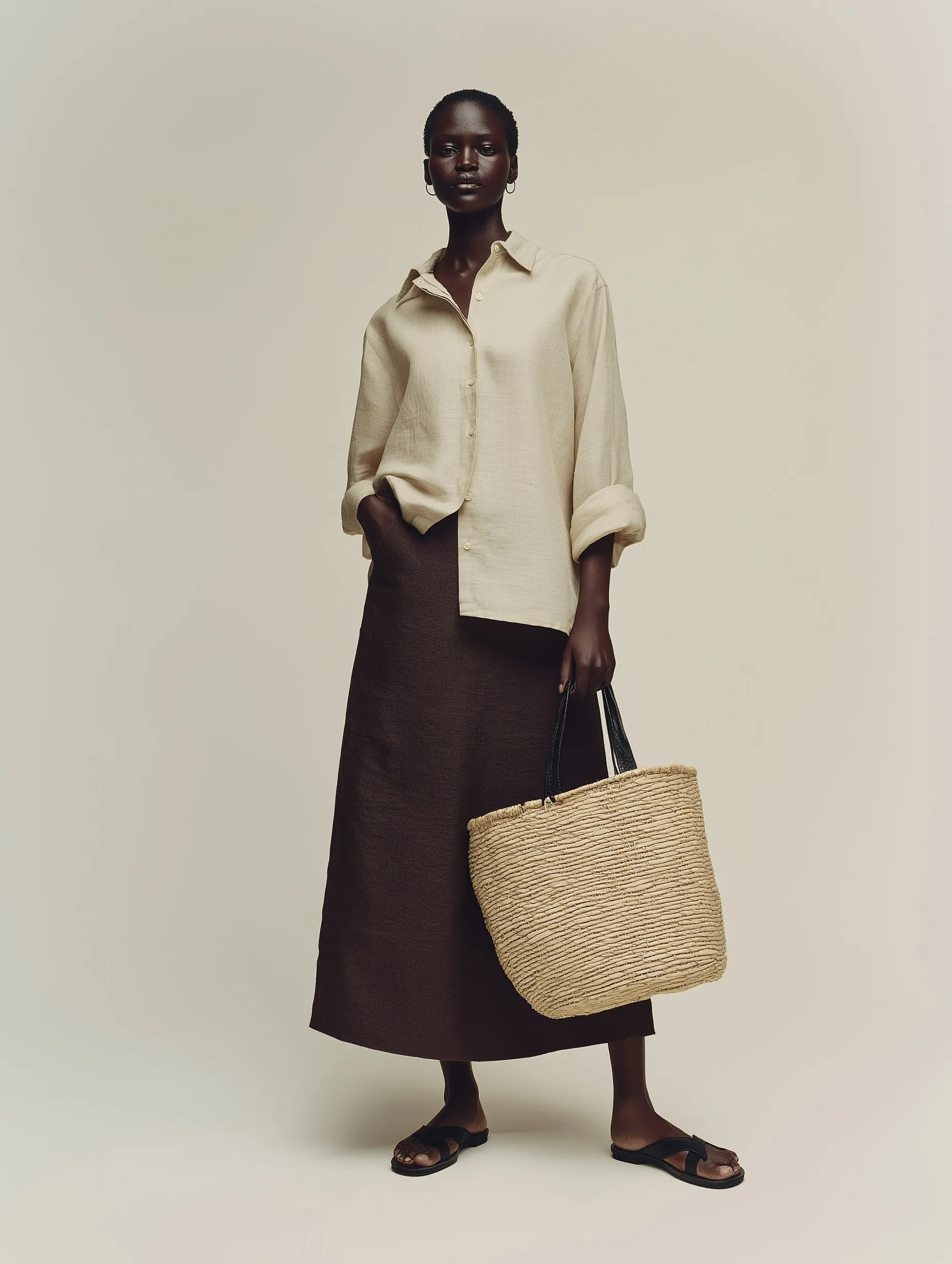 A model wearing a loose linen shirt and brown skirt carrying a large straw bag, vogue editorial style.