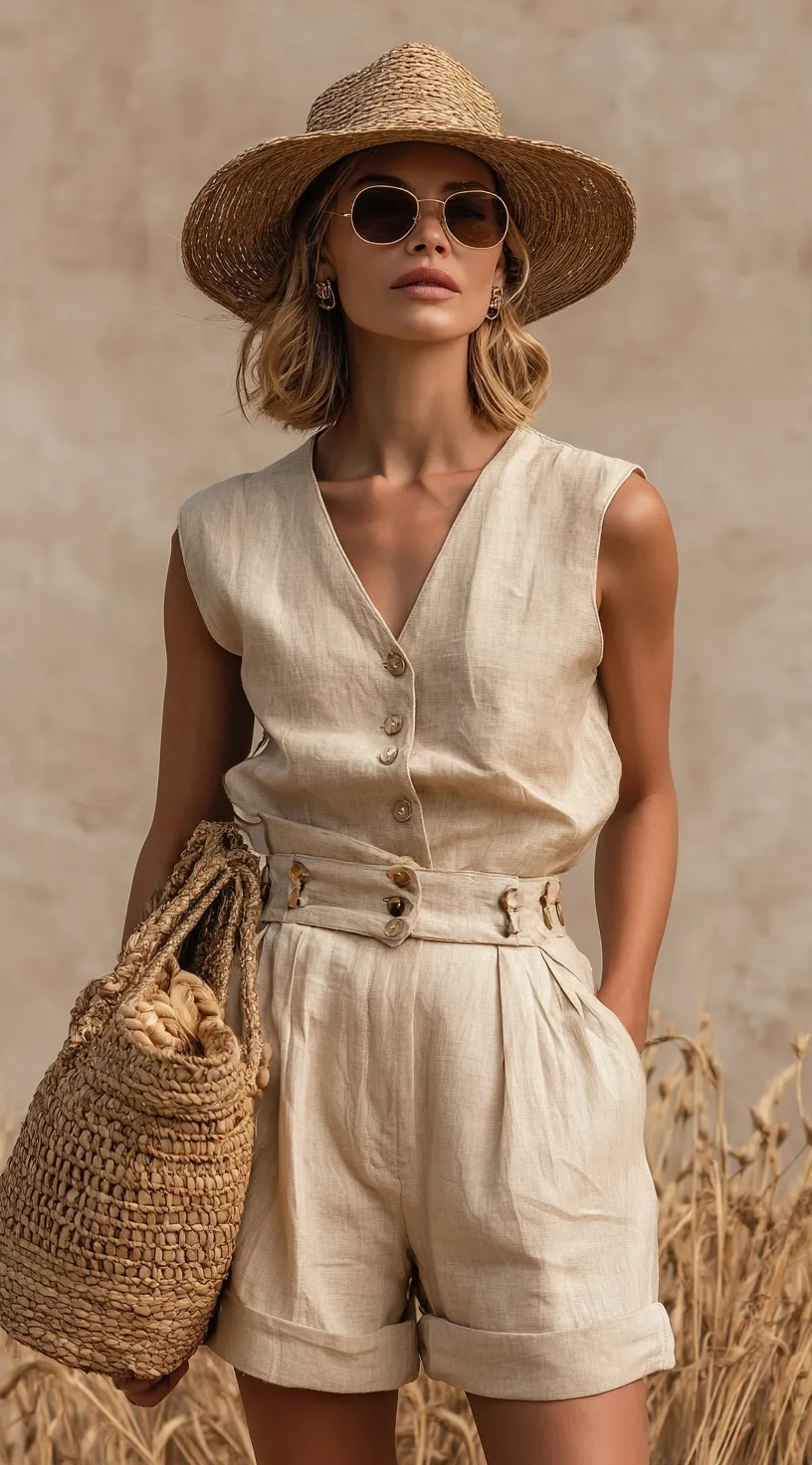 A woman in bohemian linen clothes and a straw hat posing outdoors while carrying a trendy woven straw bag.